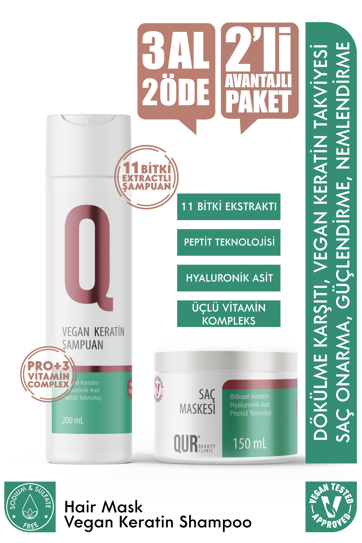 QUR 11 Bitki Extract Pro 3 Vitamin Keratin Şampuan + Besleyici Parlaklık Veren Vegan Keratin Saç Maskesi