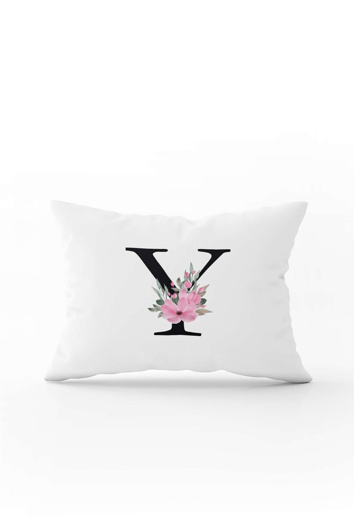 Cango Home-Pink Floral Black Letter Double Sided Digital Printed Throw Pillow Cover Letter Y 1