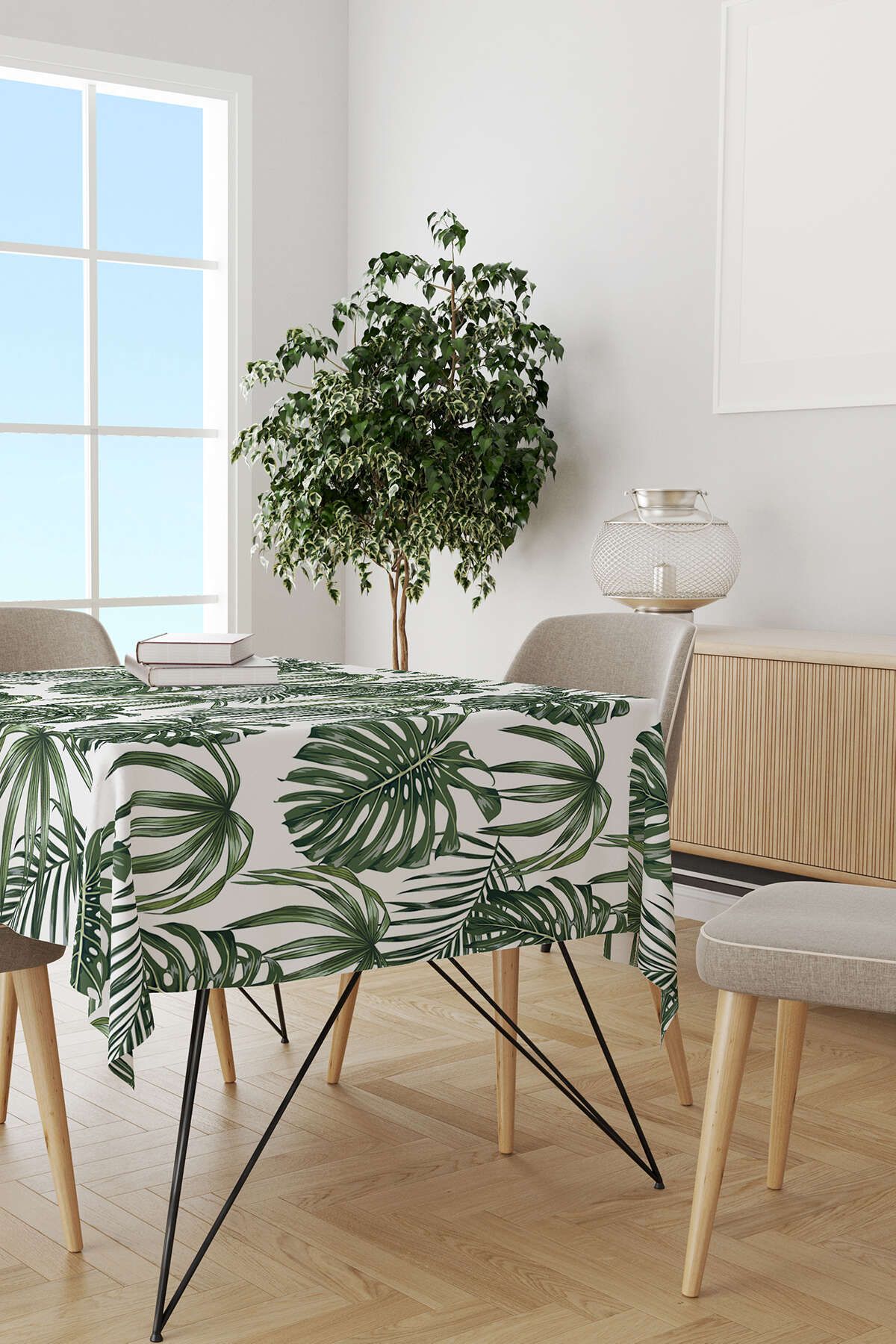 Cango Home-White Green Palm Patterned Digital Printed Tablecloth Otyk784-ms 2