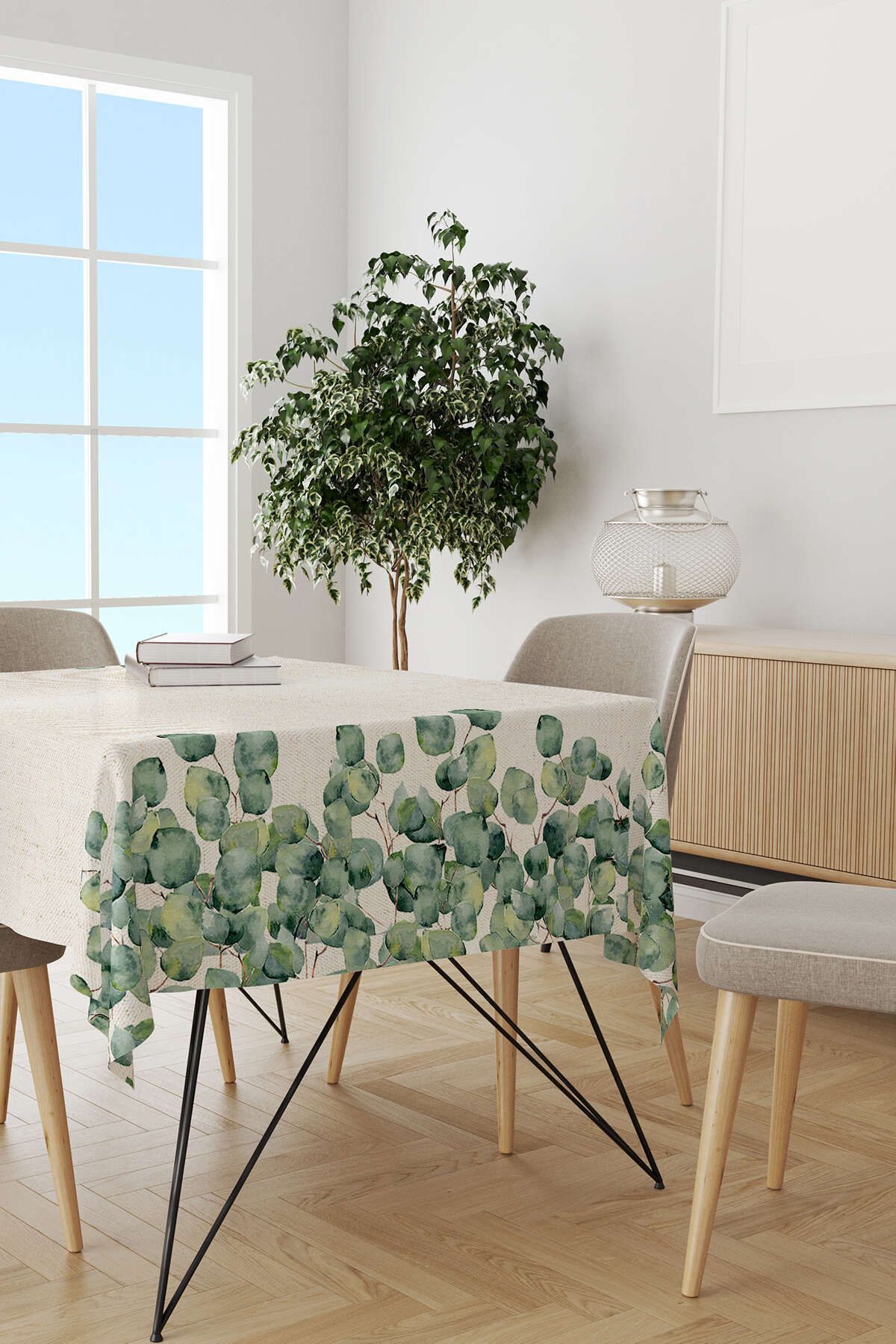 Cango Home-Green Cream Eucalyptus Patterned Digital Printed Tablecloth Cgh1102-ms 2