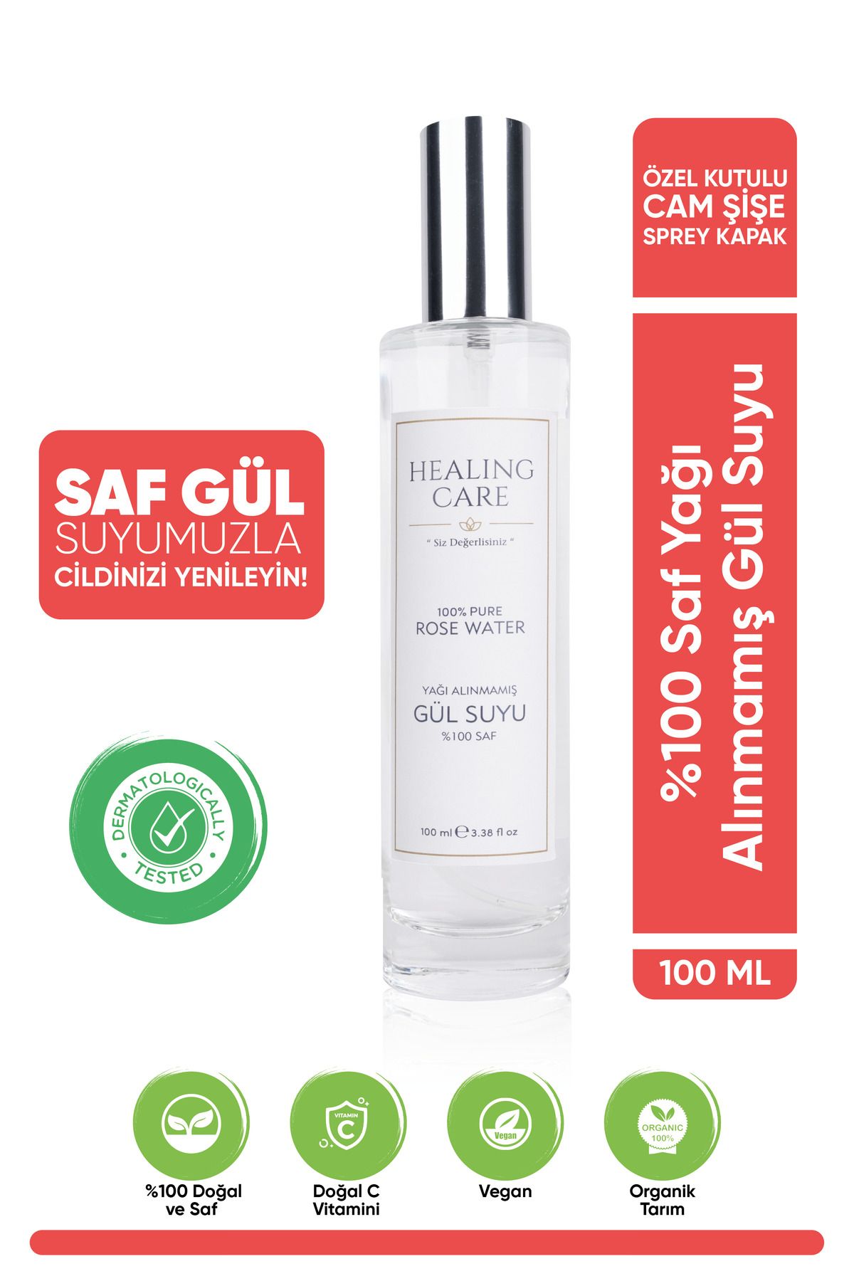 Healing Care %100 Doğal Yağı Alınmamış Saf Gül Suyu 100 ml (HEDİYE KUTULU)