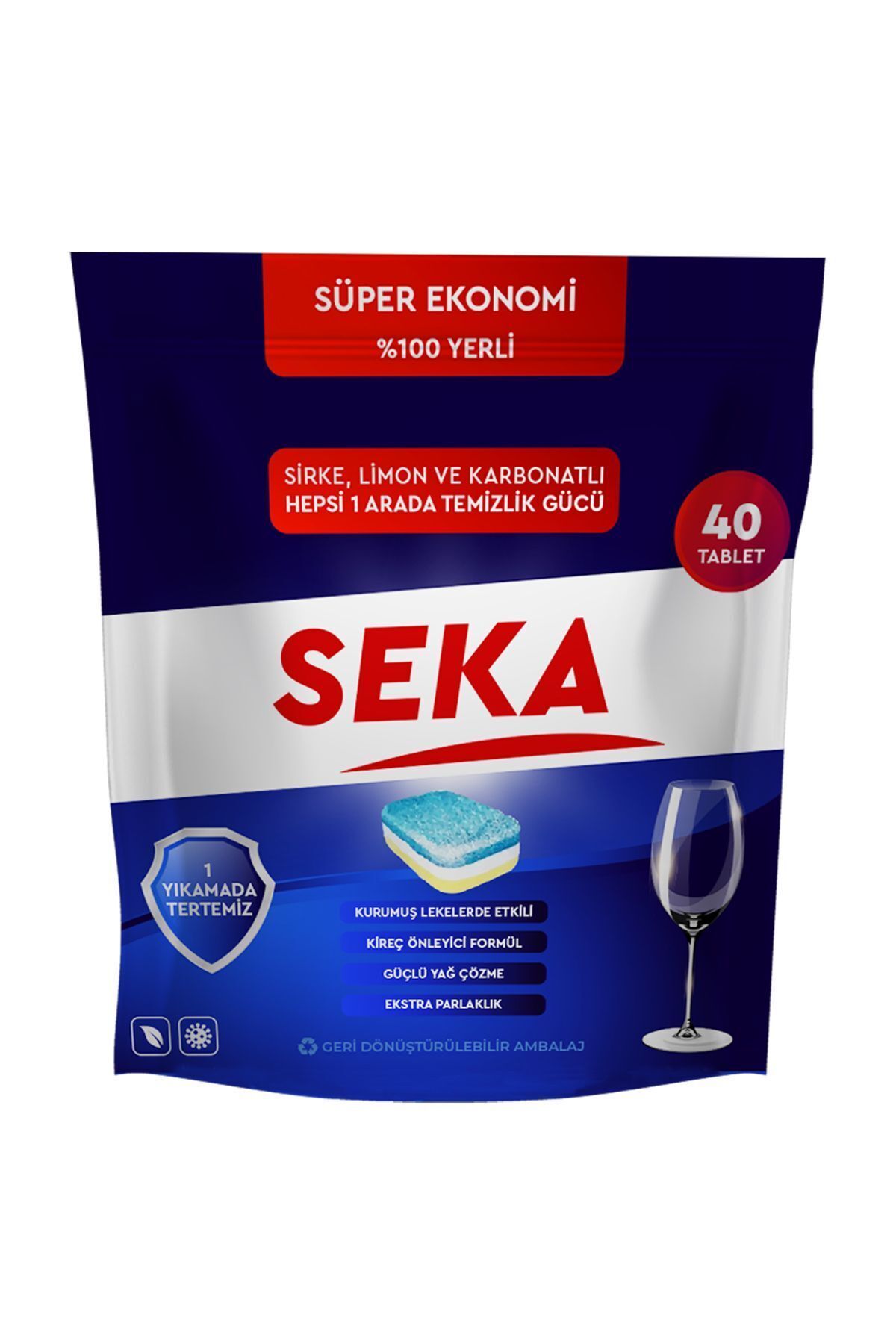 seka Hepsi Bir Arada  40 Yıkama Bulaşık Makinası Deterjanı Tablet %100 Yerli Limon