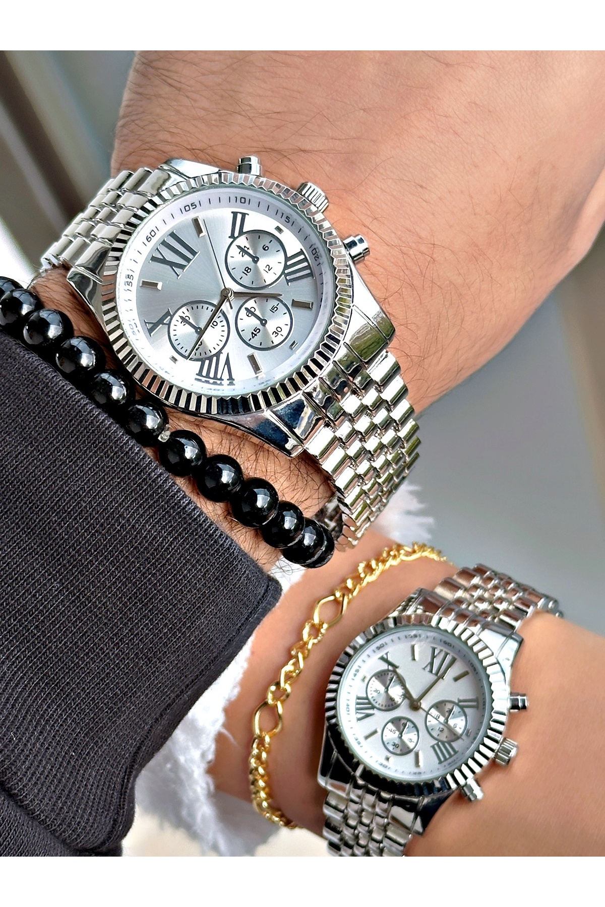 Custom Series Full Metal Band Roman Numerals Couple Wrist Watch-Bracelet gift