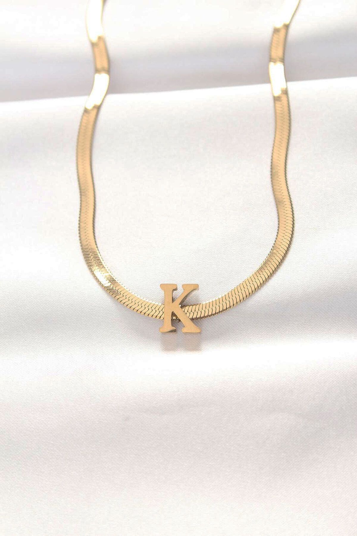 Clariss 316L Çelik K Harfli Gold Renk İtalyan Zincirli Kolye