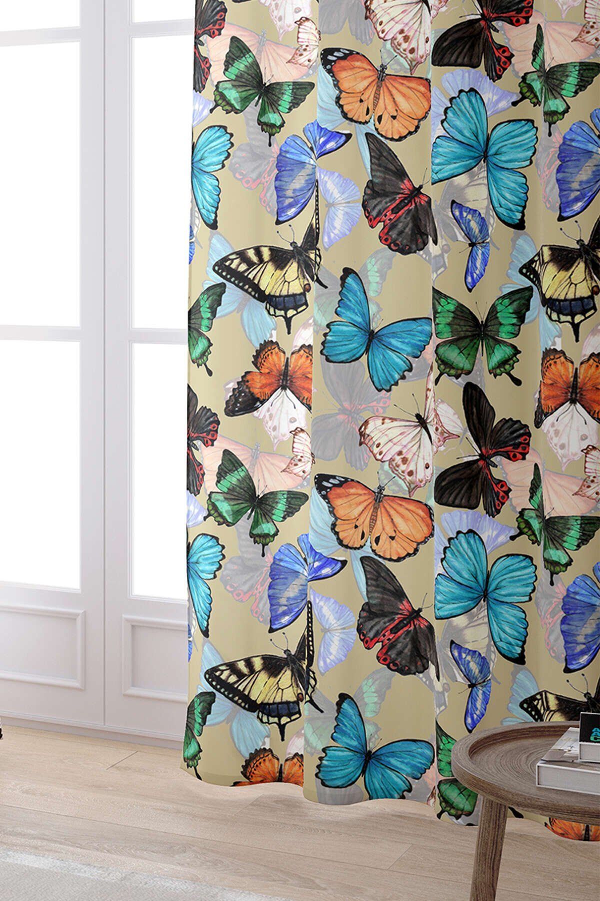 Cango Home-White Multicolored Butterfly Patterned Digital Printed Curtain Otyk776-pr 2