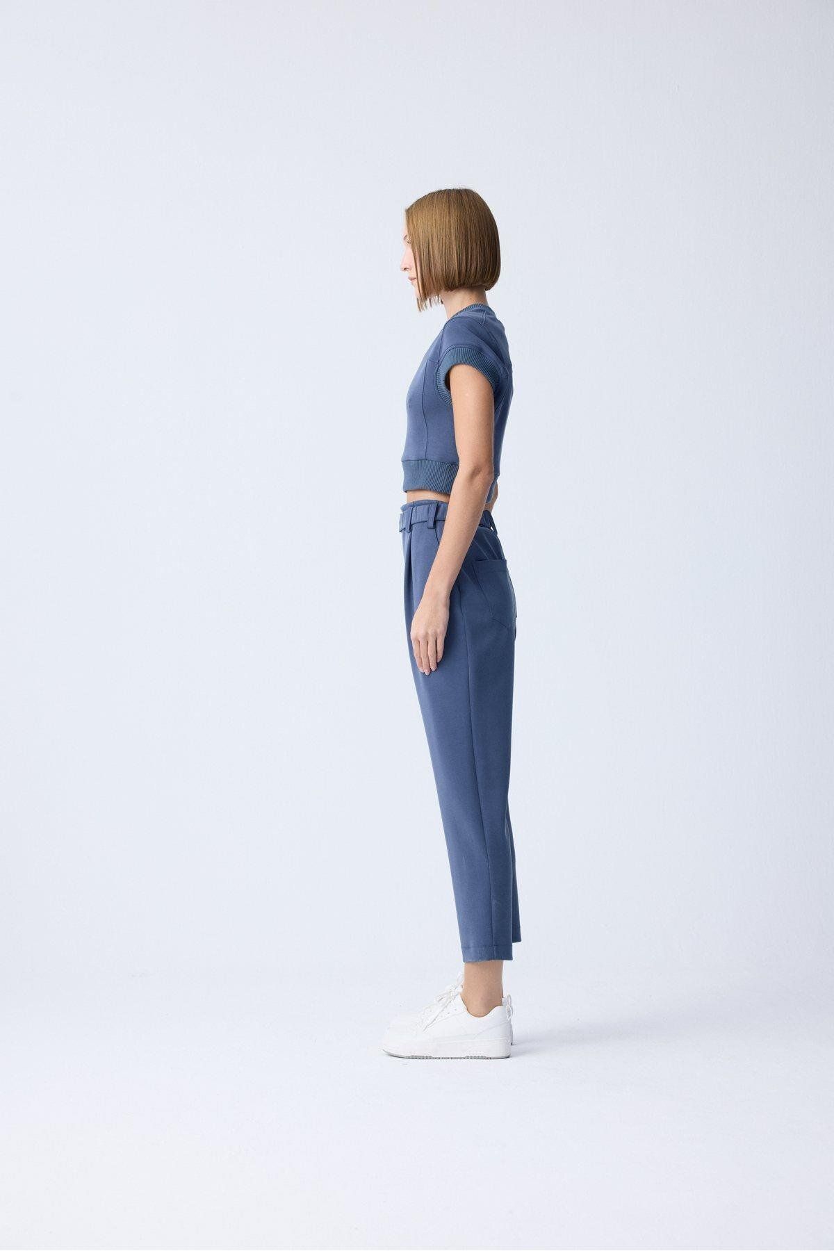 rue.-Navy Blue Knitted Blouse with Knitwear Band Detail 4