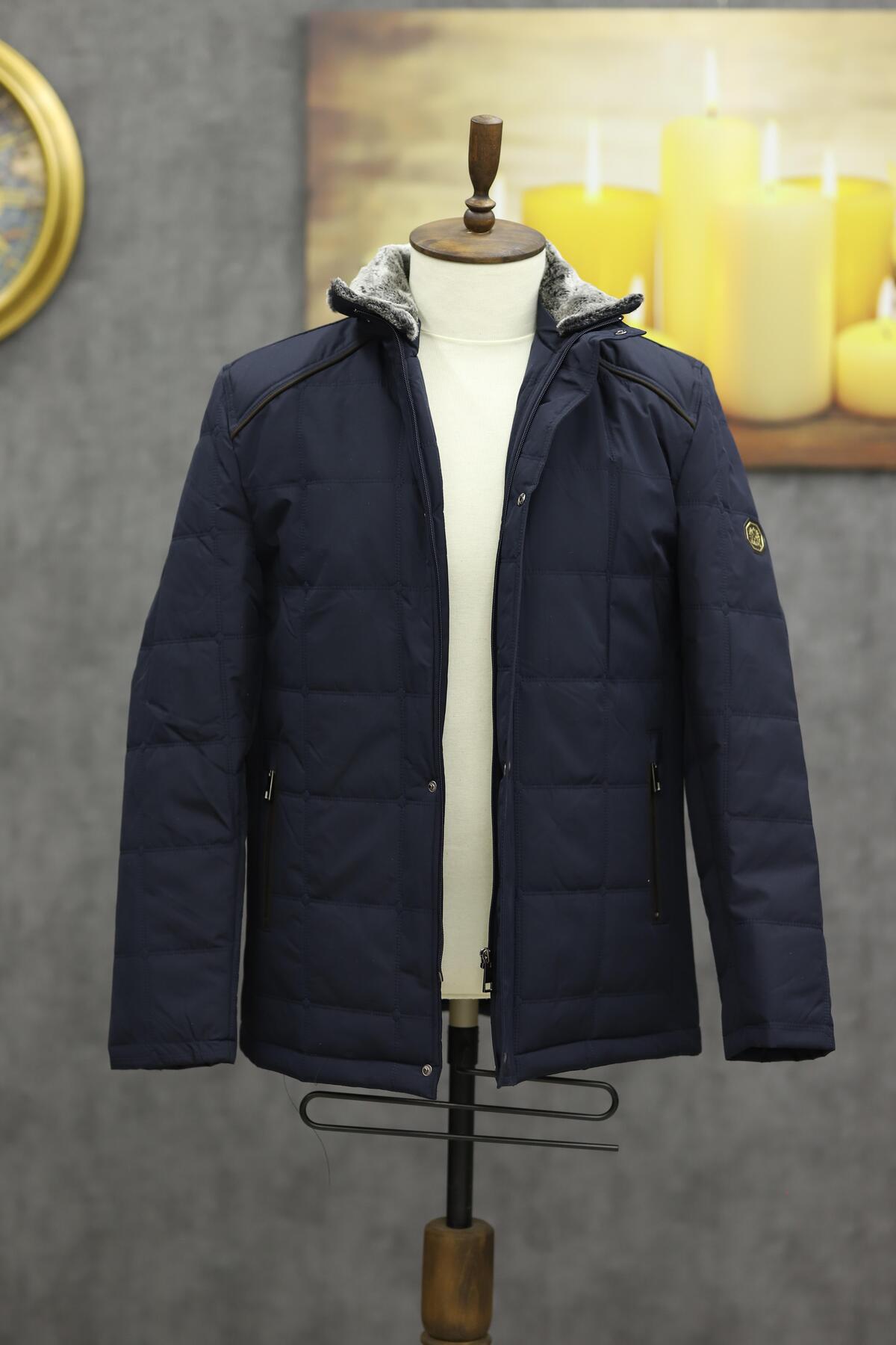 کاپشن پفی یقه ایستاده خزدار EXCELENTE 5001 (آبی سرمه‌ای)