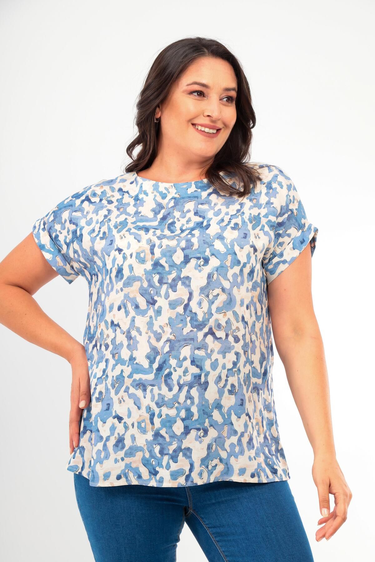 Trend42plus-Plus Size Patterned Low Sleeve Basic Blue Blouse 1