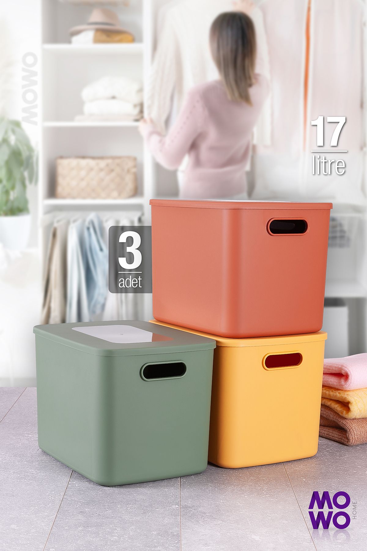 Mowo Home Storage Box Mix 3 Adet 17 Litre Düzenleyici Kapaklı Kutu, Dekoratif Saklama Kutusu, Organizer