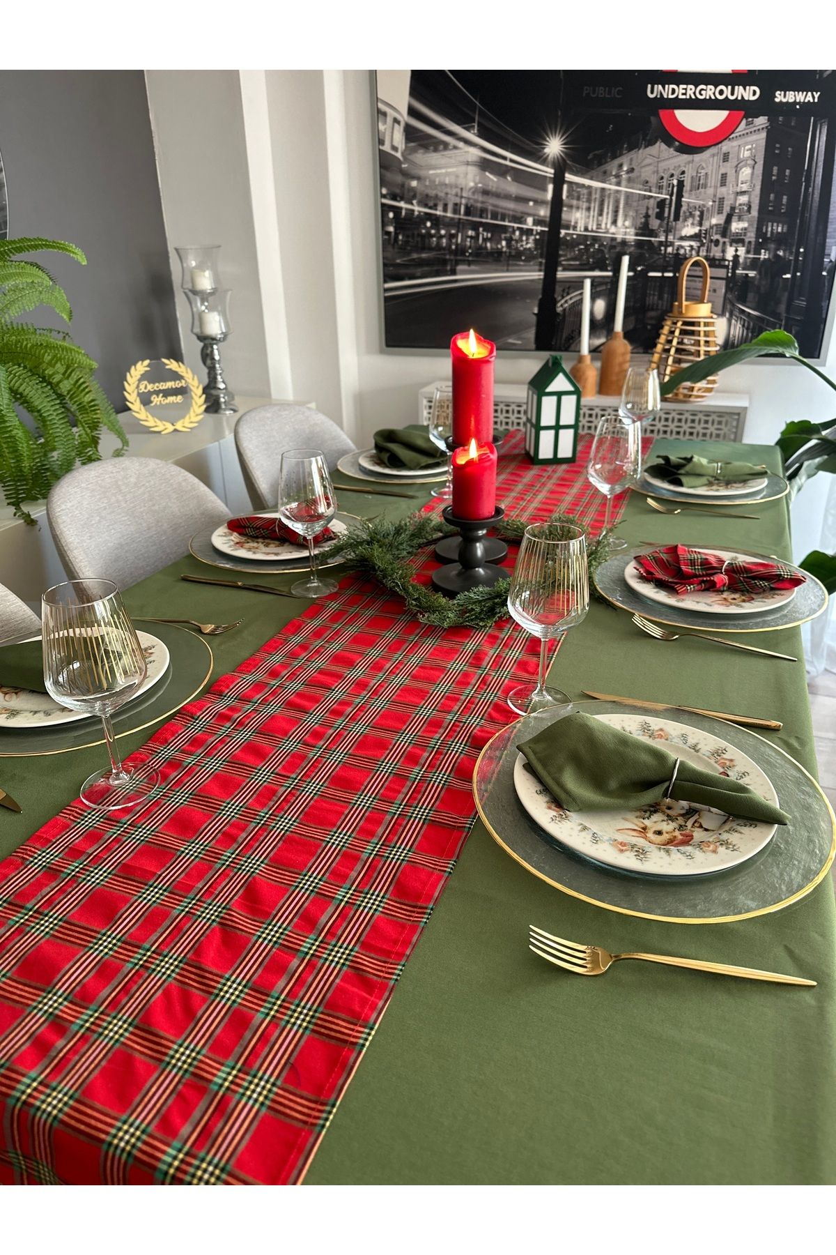 Decamor home-Σετ 8 τεμαχίων Βαμβακερό Πράσινο Τραπεζομάντιλο και Σετ Runner Σετ Χριστουγεννιάτικο Τραπεζομάντιλο 1