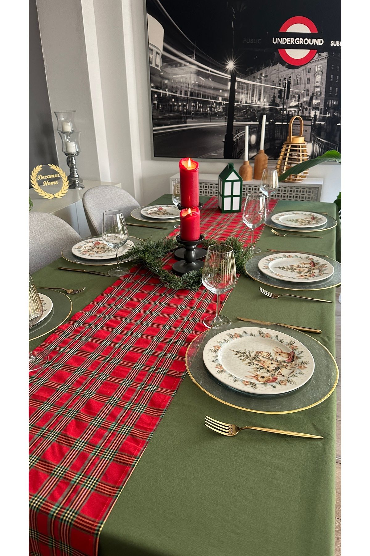 Decamor home-Σετ 8 τεμαχίων Βαμβακερό Πράσινο Τραπεζομάντιλο και Σετ Runner Σετ Χριστουγεννιάτικο Τραπεζομάντιλο 8