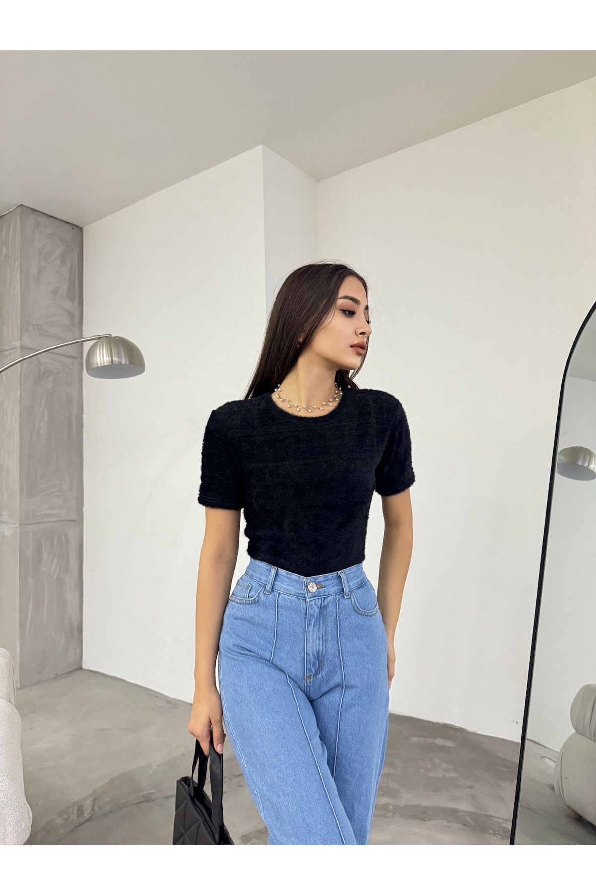 BİKELİFE-Weiche Plüsch-Crop-Bluse für Damen mit Rundhalsausschnitt 6