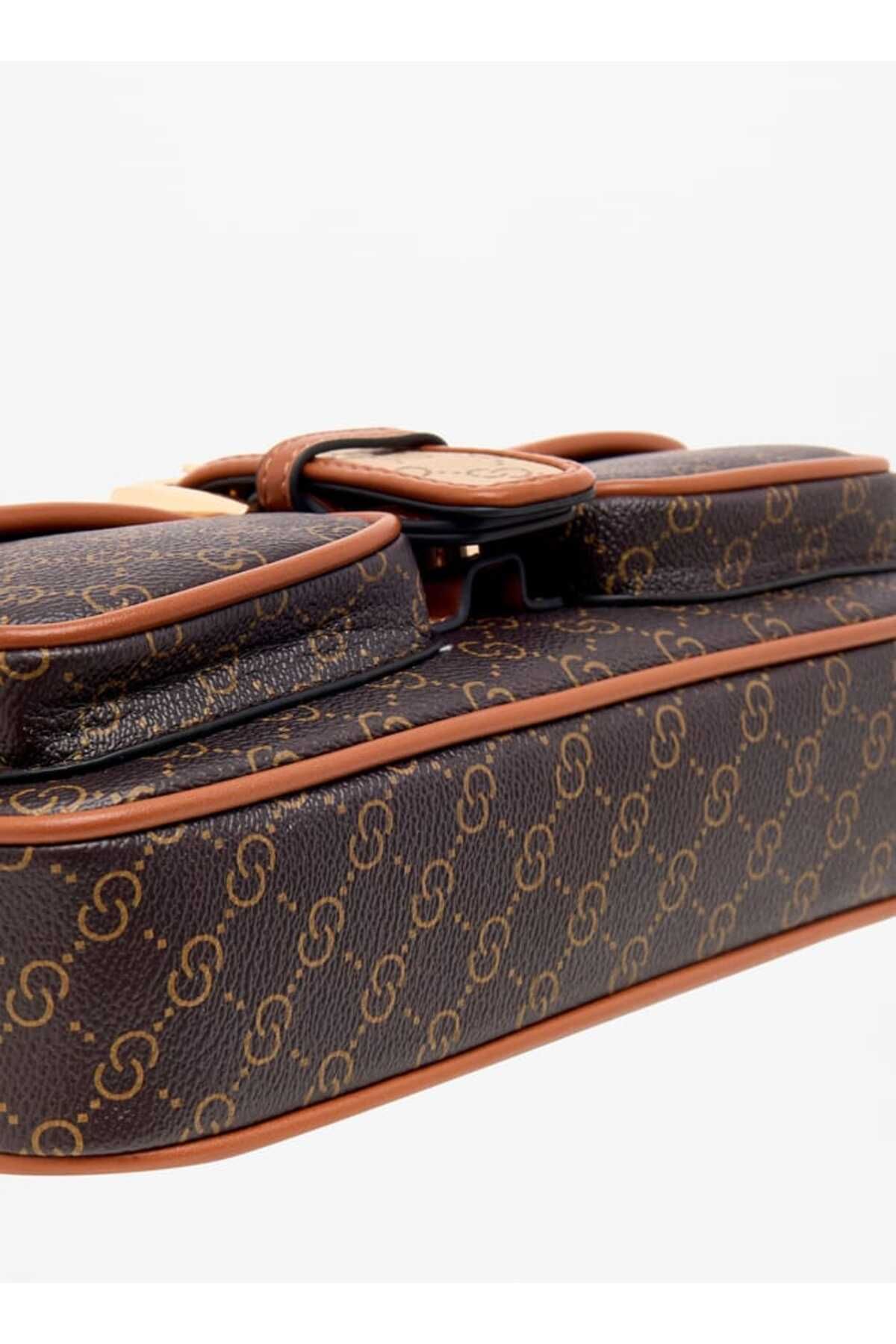 Celeste-Monogram Print Satchel Bag with Adjustable Strap and Flap Closure 5