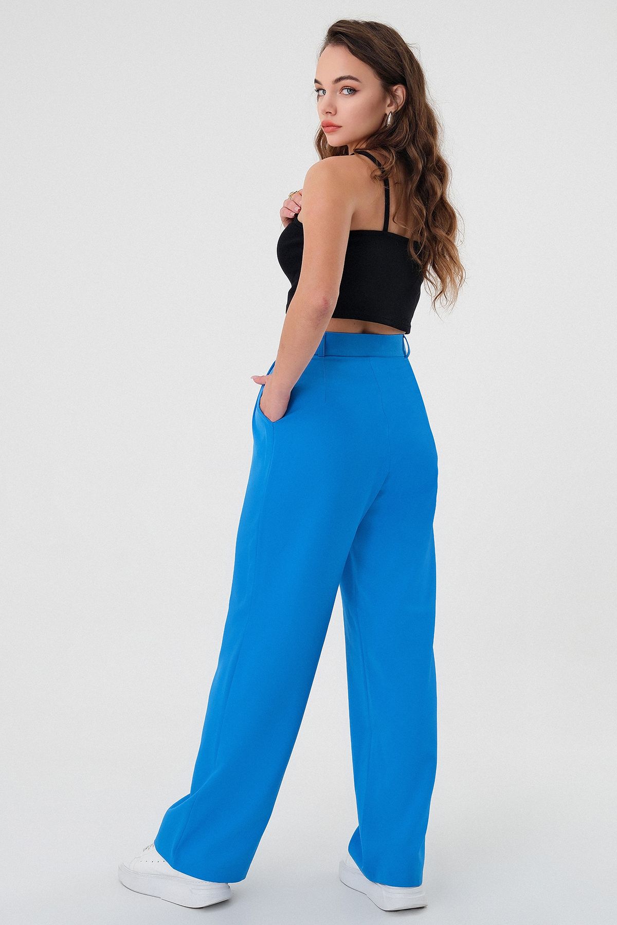Hazel-Pantaloni Palazzo albastri cu talie înaltă de damă 4