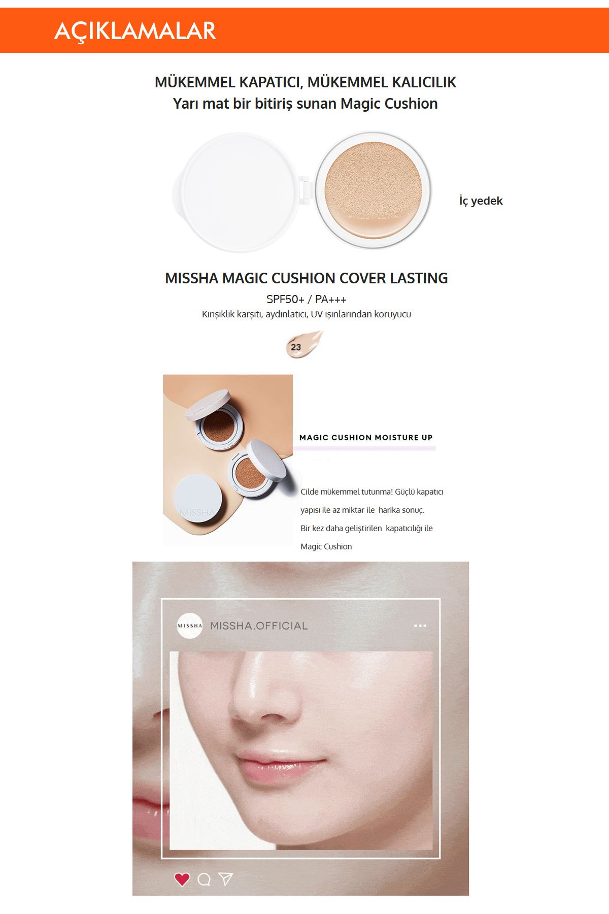 Missha Yarı Mat Görünüm Sunan Cushion Fondöten (İç Yedek) Magic Cushion Cover Lasting SPF50+/PA+++ (No.23)-2