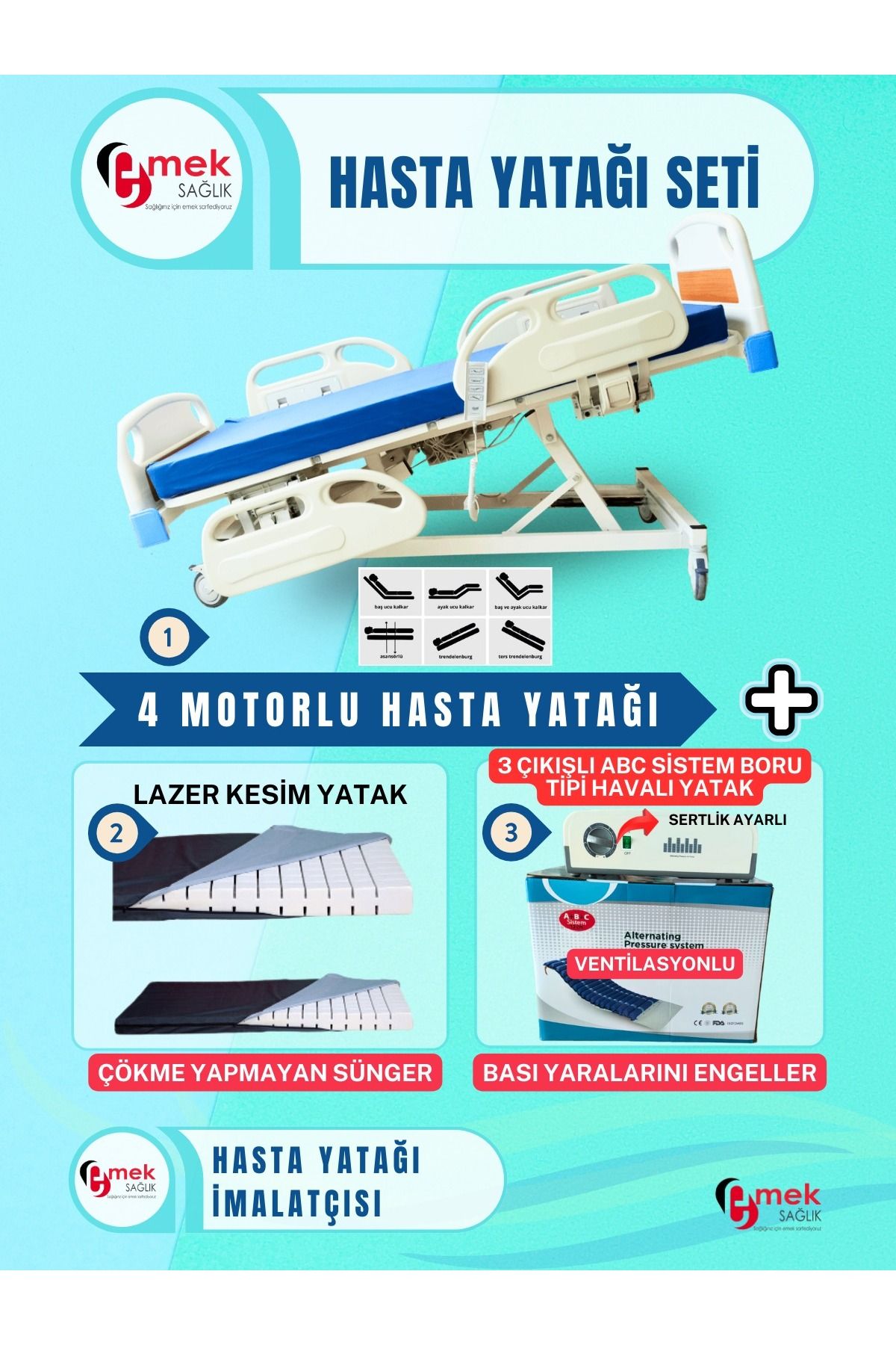 emek sağlık 4 Motorlu Full ABS Hasta Karyolası+CNC Lazer Kesim Yatak+3 Çıkışlı ABC Sistem Boru Tipi Havalı Yatak