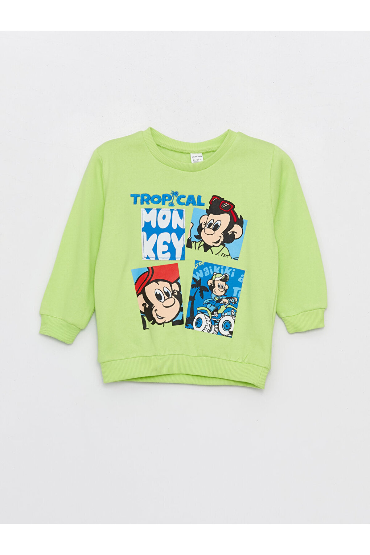 ال سی وایکیکی سویشرت آستین بلند طرح میمون طرح میمون طرح نوستالژیک، یقه گرد، نوزادی، پسرانه، طرح میمون، LCW