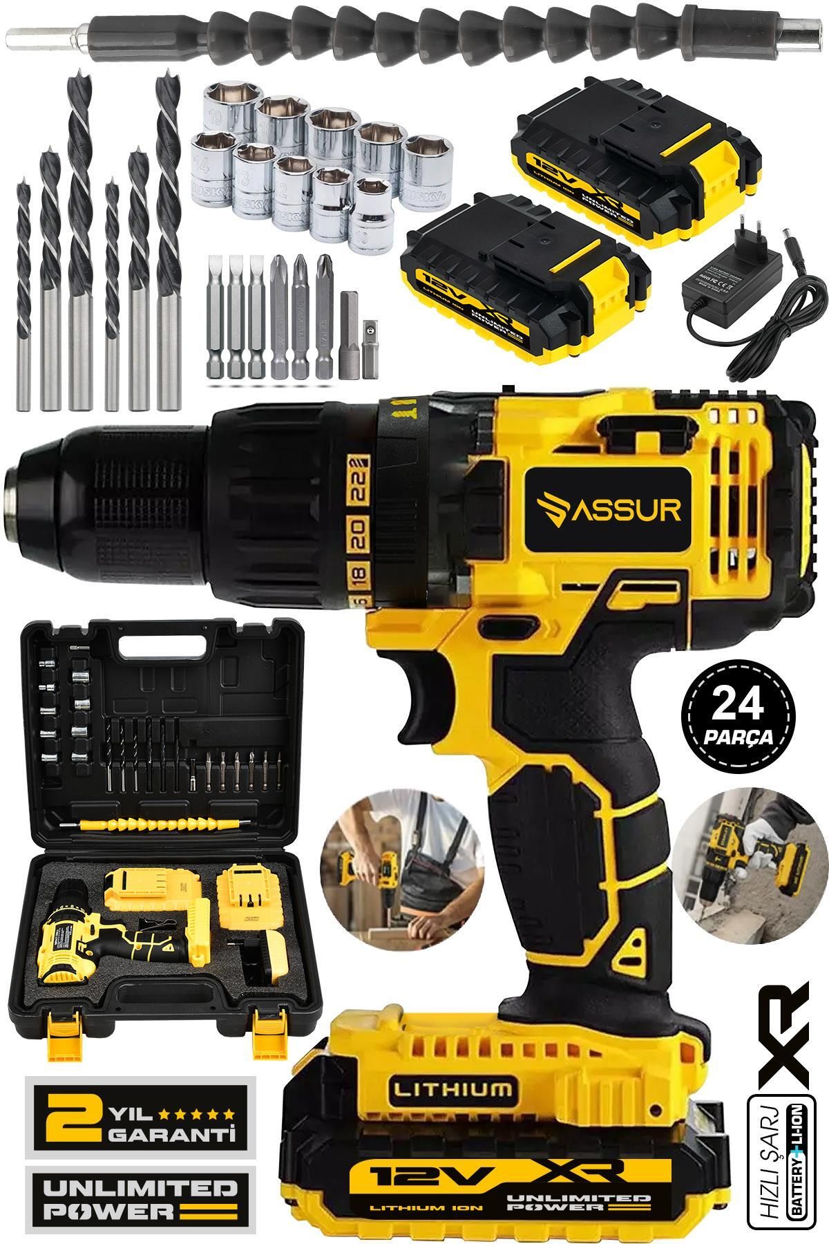 Jetta Power Tools Assur Plus 12v 1.5ah Metal Şanzıman Çift Akülü Şarjlı Darbeli Matkap 24 Parça Akülü Vidalama