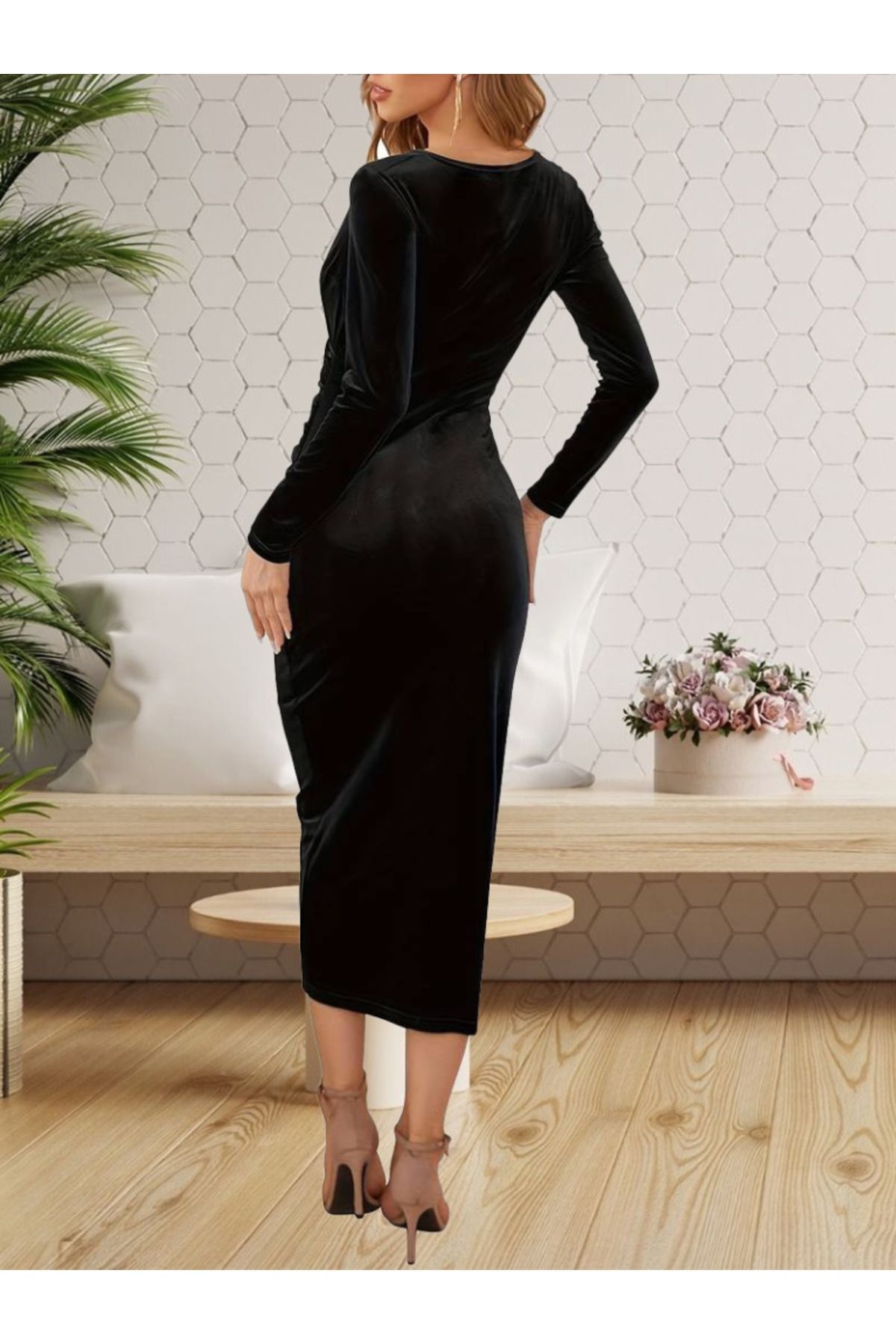civetta-Women's Long Sleeve Double Breasted Neckline Waist Drawstring Detail Midi Velvet Dress 2