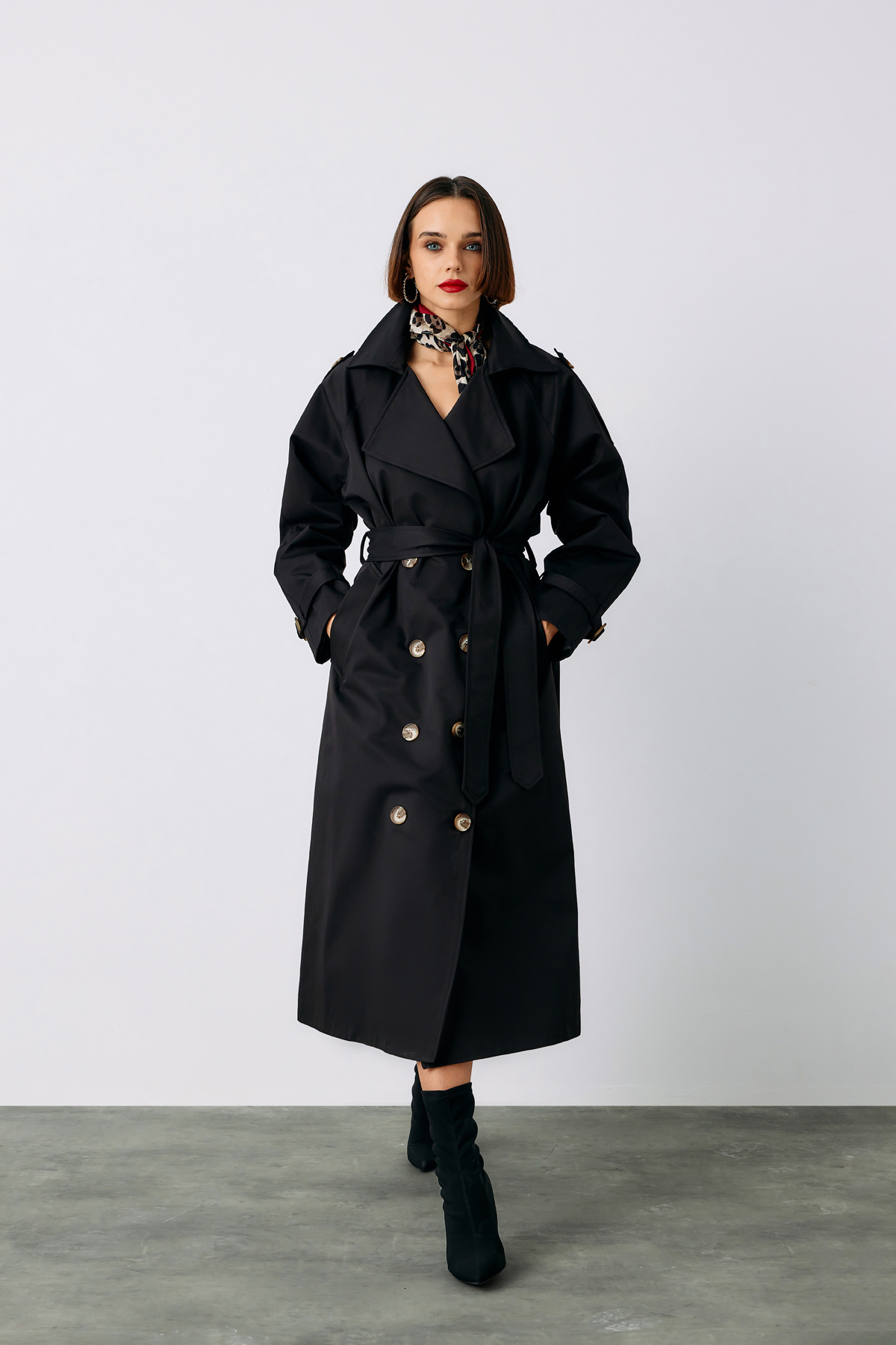 Sateen-Black Long Trench - Belted 3
