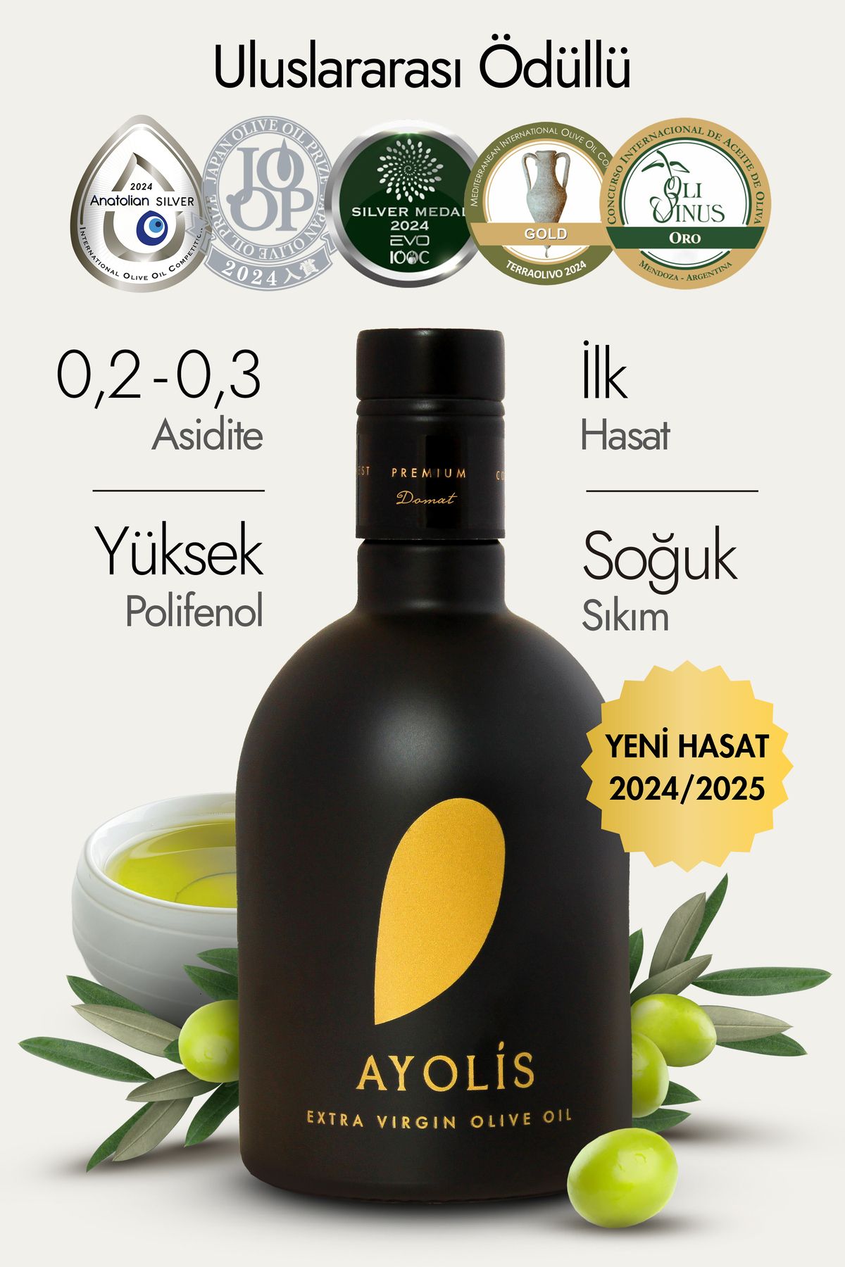 Ayolis Premium Gurme Domat Zeytinyağı 500 ml Ödüllü Erken Hasat Soğuk Sıkım Natürel Sızma Zeytinyağı