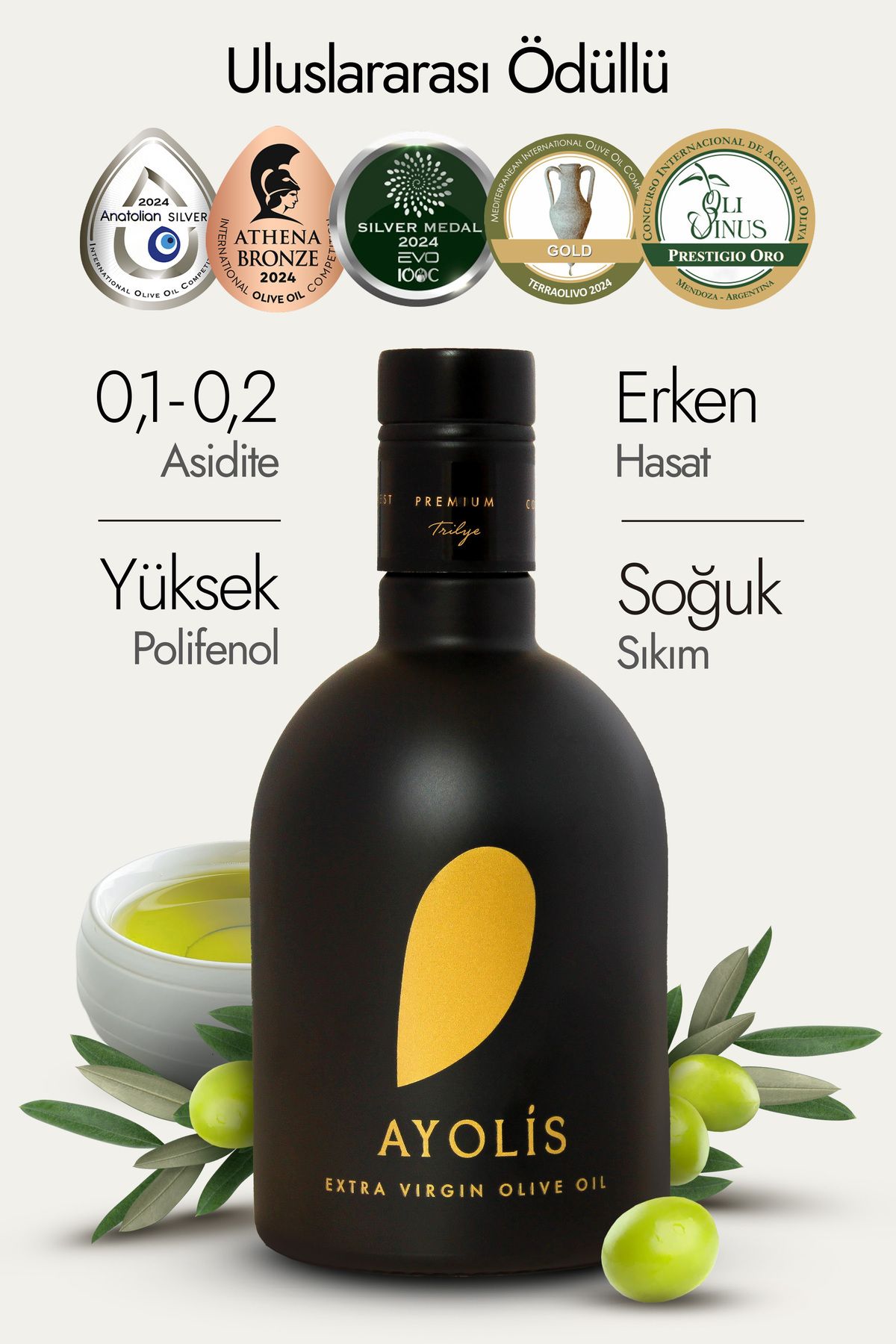 Ayolis Premium Gurme Trilye 500 Ml Yüksek Polifenollü Erken Hasat Soğuk Sıkım Natürel Sızma Zeytinyağı