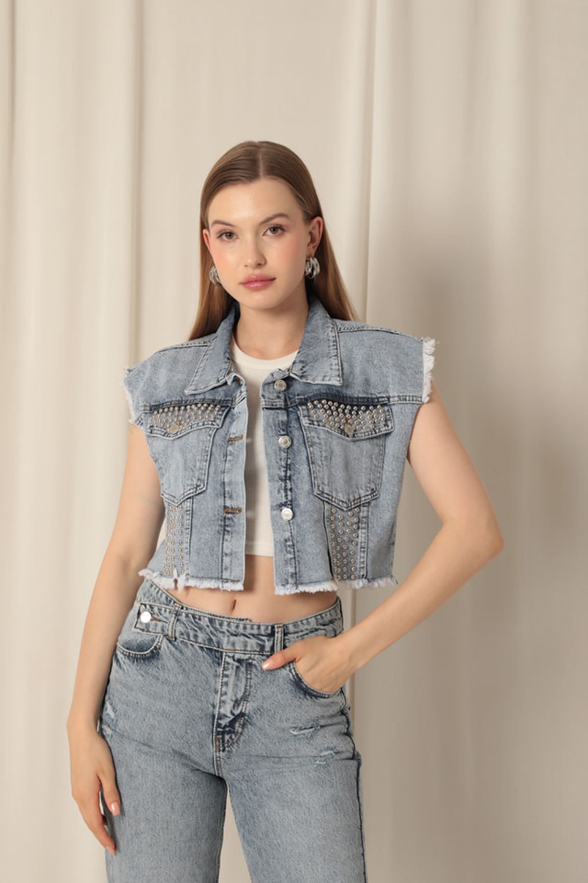 Moka Shopin MokaShopin Denim Kumaş Cebi Troklu Kadın Mavi Yelek