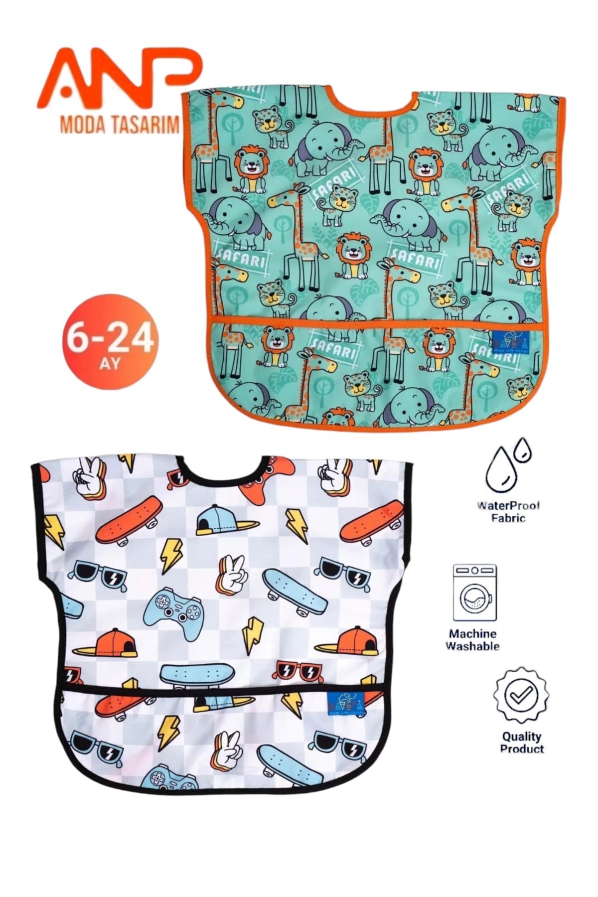 Sıvı Geçirmez 2’Li Set Kolsuz Aktivite Mama Önlüğü (SAFARİ-PLAY) 6-24 Ay