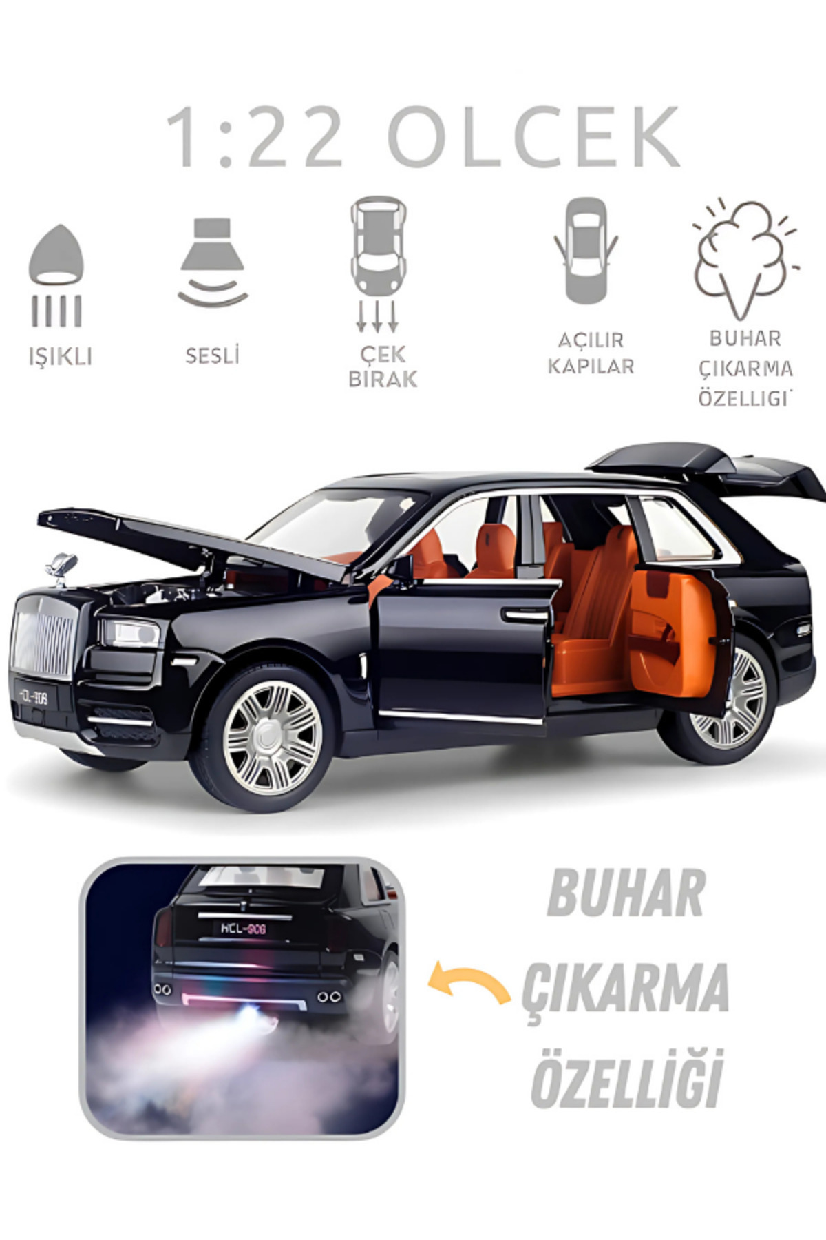 Çek-Bırak Lüks Araba, Buhar Çıkaran, Sesli, Işıklı - Açılır Kapı ve Bagajlı, Oyuncak Araç