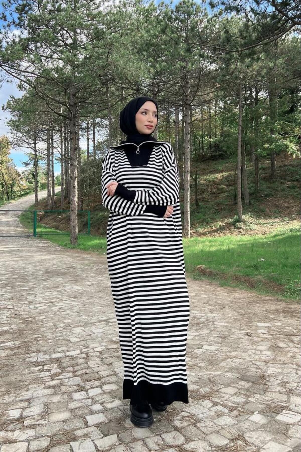 Lamia Giyim-Horizontal Striped Zippered Hijab Knitwear Dress Black 5