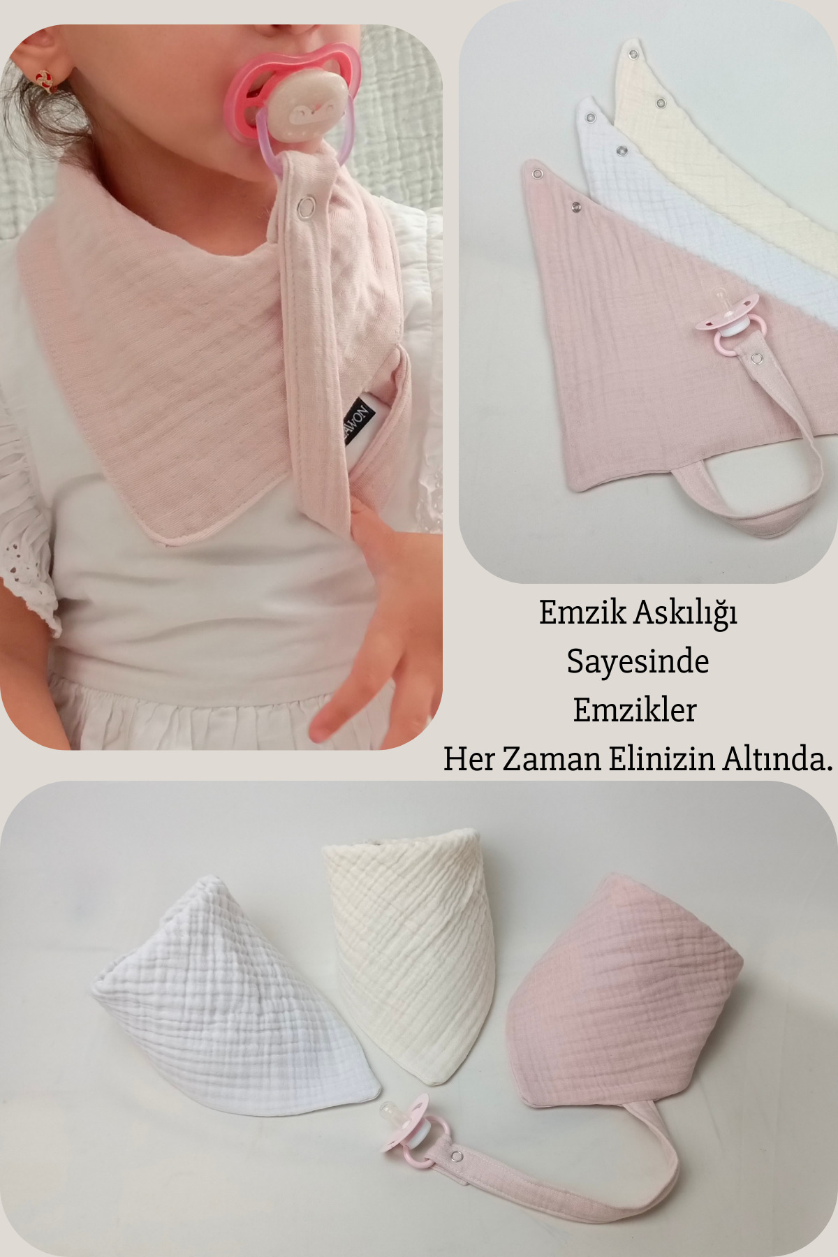 3-Piece 100% Cotton 8-Layer Muslin Baby Girl Boy Baby Saliva and Food Bib with Pacifier Hanger