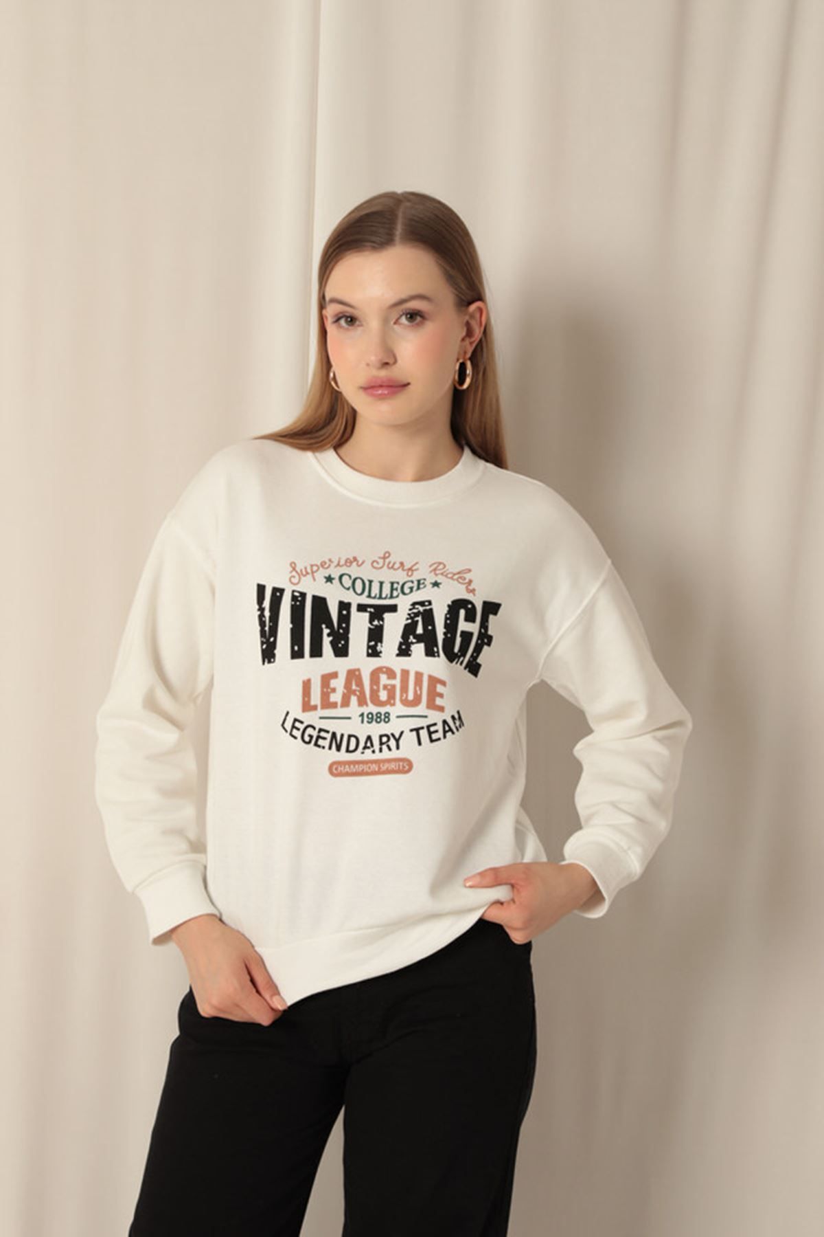 svakki Üç İplik Kumaş Vintage Baskılı Kadın Ekru Sweat