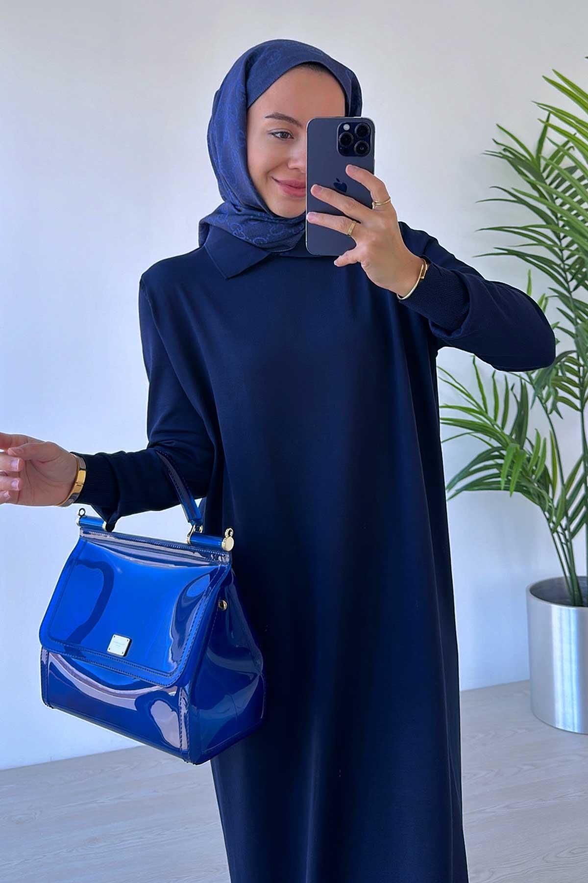 Ka Hijab-Rochie cu guler cămașă mercerizată bleumarin 5