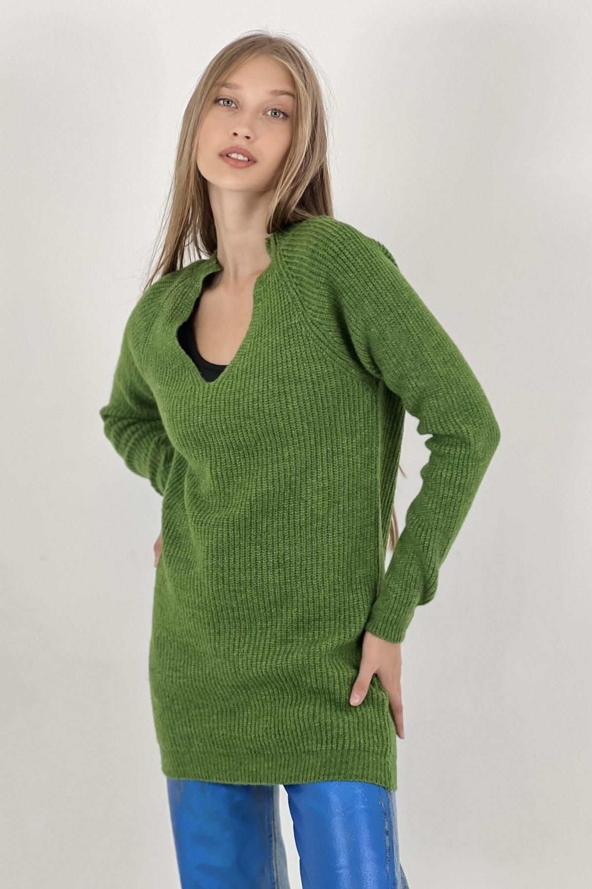 Miss Poem-Pulover de damă, cu mânecă lungă, cu mânecă lungă, cu nervuri, verde scurt 2