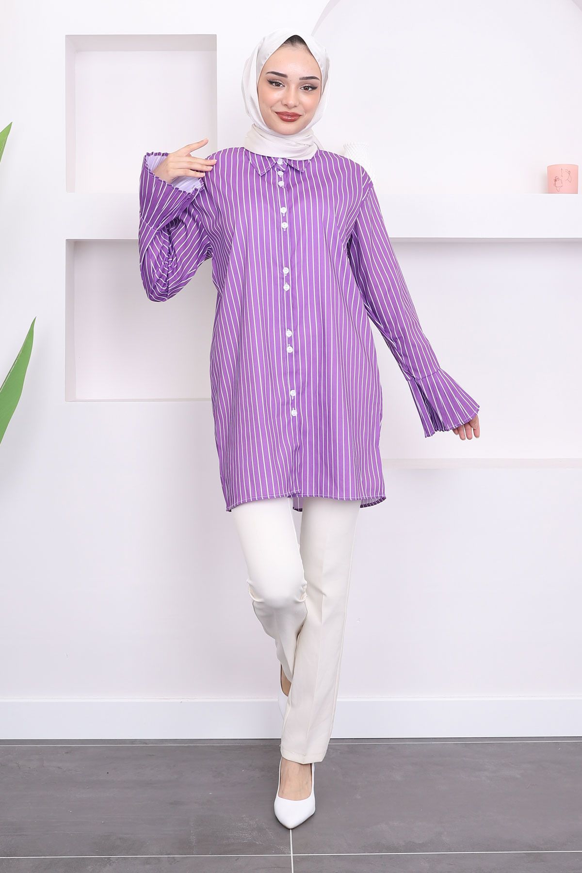 İmajButik-Purple Striped Pleated Sleeve Tunic - Buttoned Design 2