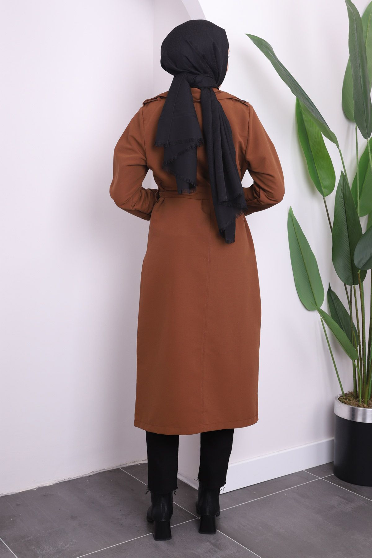 İmajButik-Brown Pocket Waist Belted Trench Coat 4