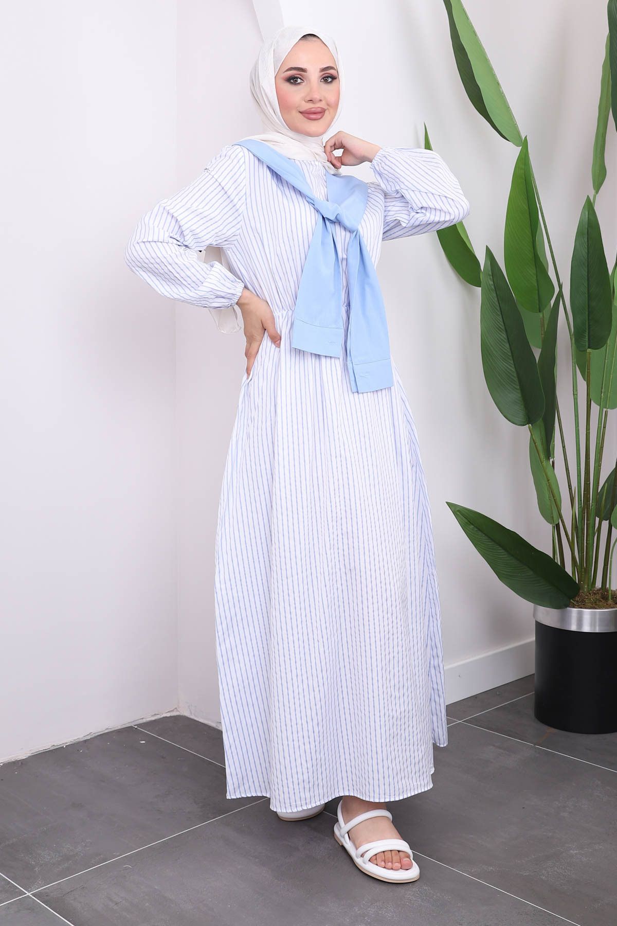 İmajButik-Blue Striped Baby Dress - Collar Detail 3