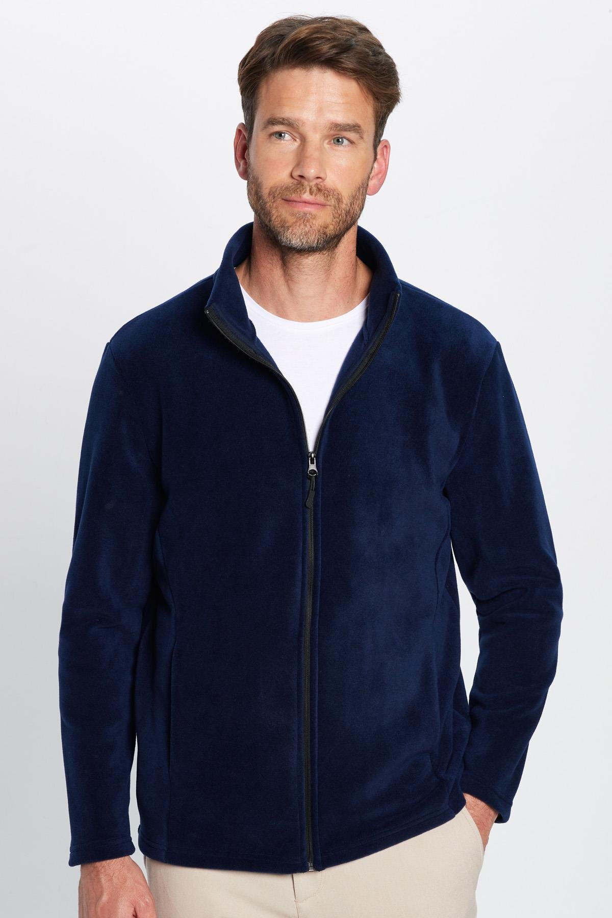 Tudors Unisex Standart Fit Fermuarlı Tüylenmeye Karşı Dirençli Soğuğa Karşı Dayanıklı Lacivert Polar Hırka görsel 6