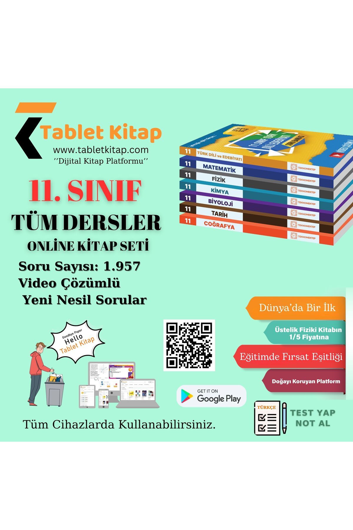 Tablet Kitap 11. Sınıf Tüm Dersler, Tamamı Video Çözümlü Online Kitap Seti, 7 Kitap, 1.957 SORU