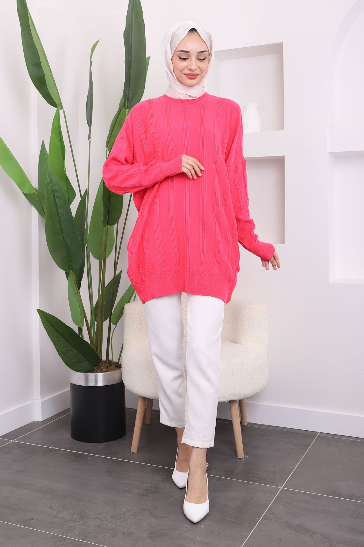 İmajButik-Fuchsia Crew Neck Mercerized Casual Knitwear Tunik 3