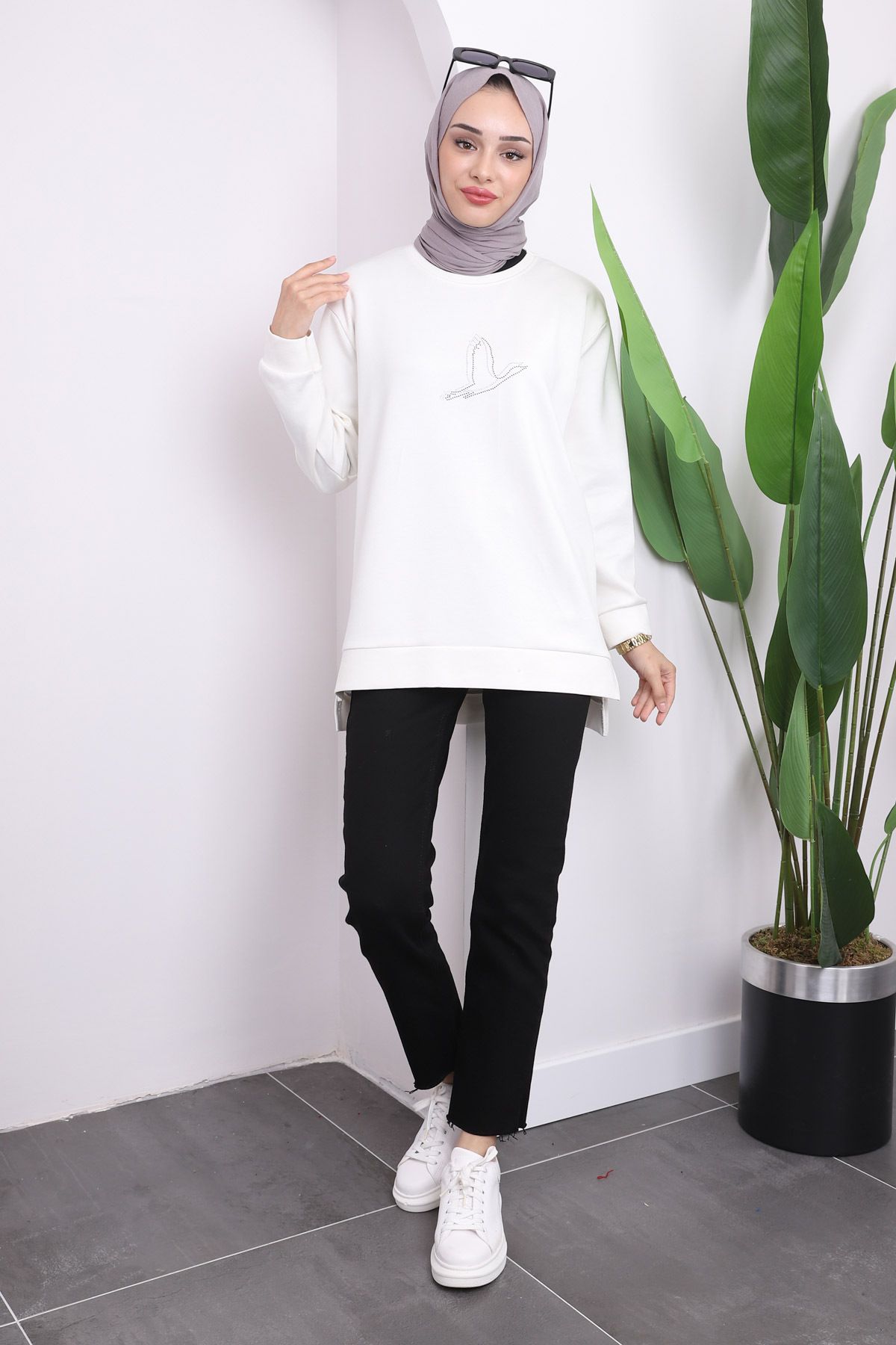 İmajButik-Φούτερ εκρού Crew Neck Side Slit 4