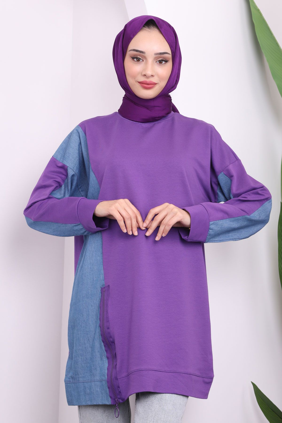 İmajButik-Purple Denim Detailed Zippered Tunic 1