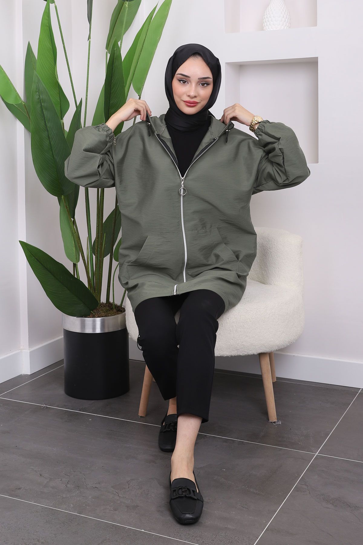 İmajButik-Khaki Hooded Zippered Trench Coat 4