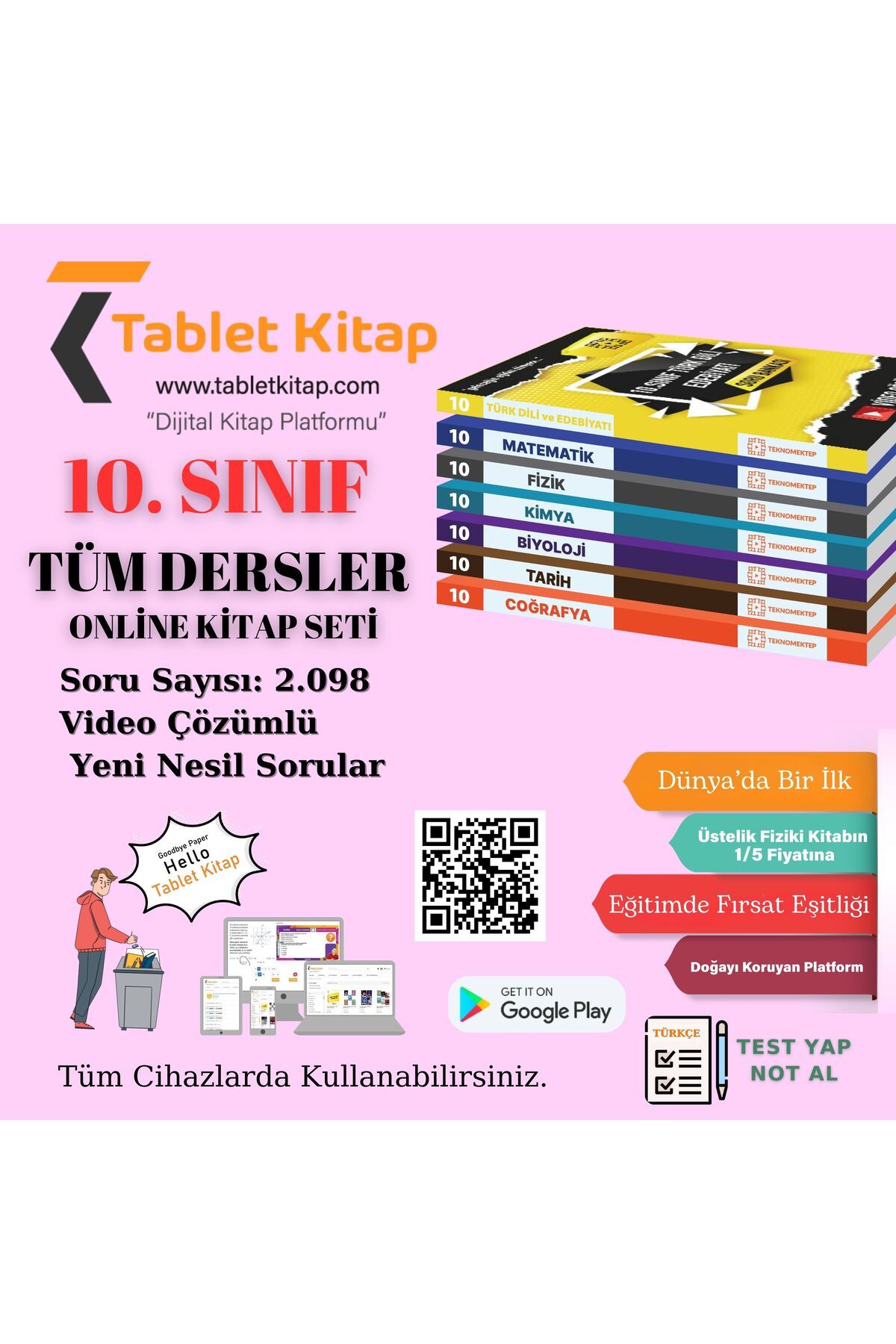 Tablet Kitap 10. Sınıf Tüm Dersler, Tamamı Video Çözümlü Online Kitap Seti, 7 Kitap, 2.098 SORU