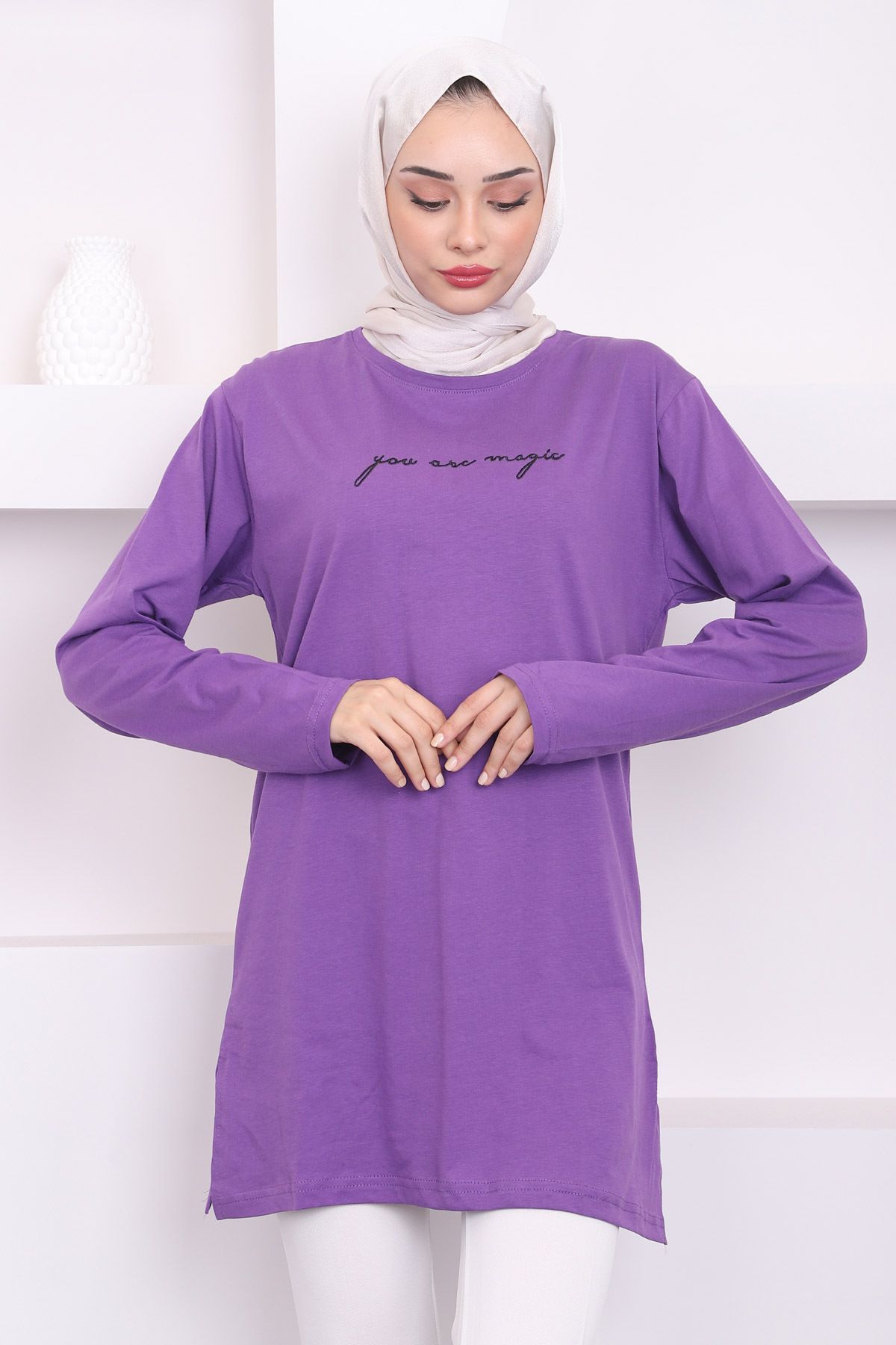 İmajButik-Long Sleeve Purple Printed Combed Cotton Tunic 3