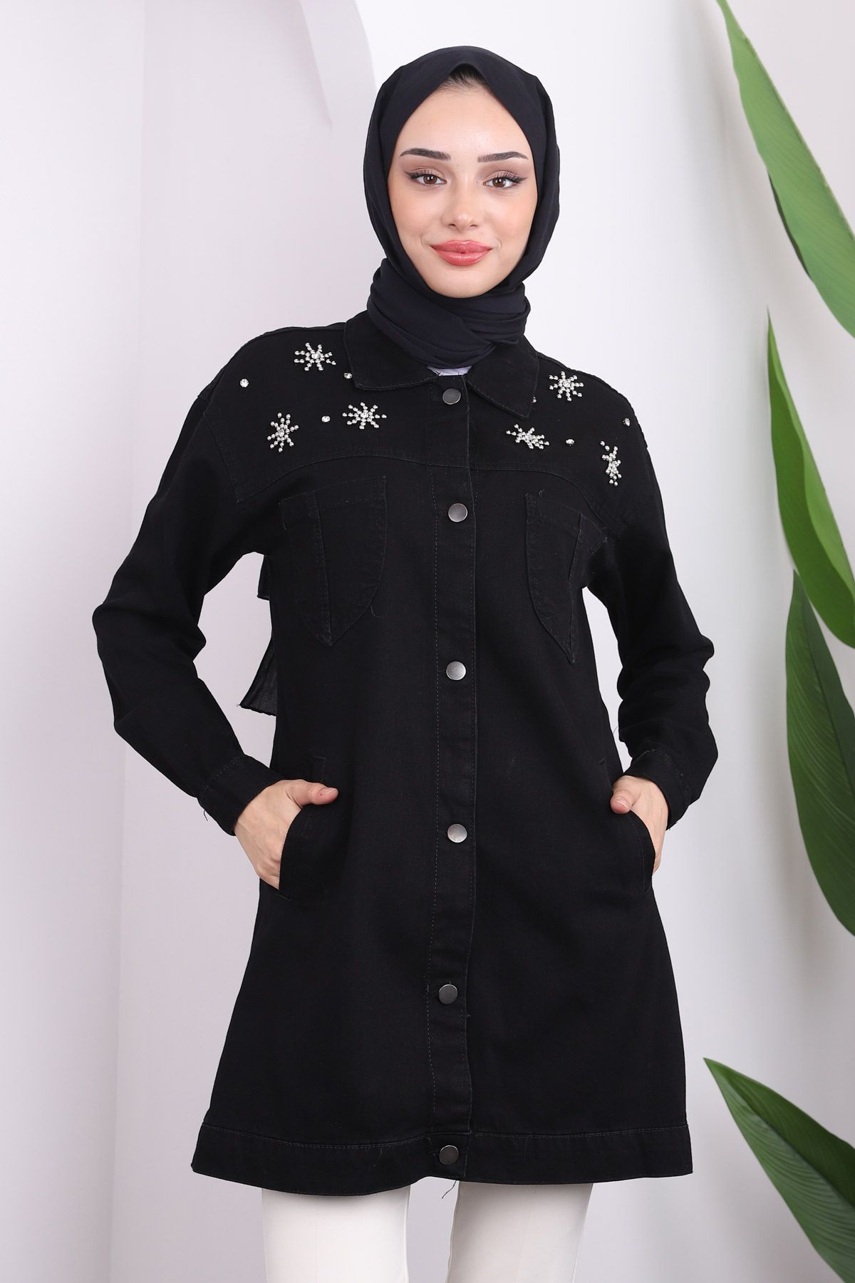 İmajButik-Black Denim Jacket with Stone DeTail - Pockets 2