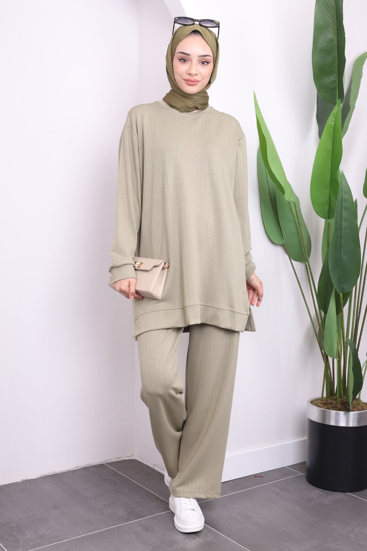 İmajButik-Khaki Crew Neck Tunic Trousers Set 1