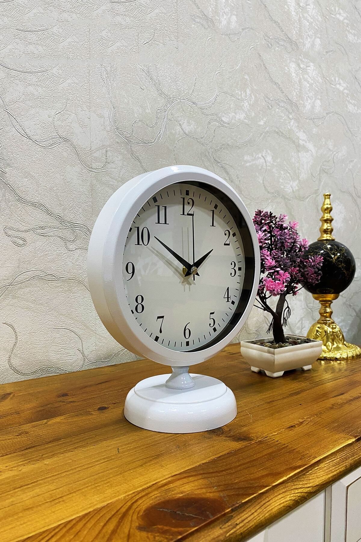 DEKORANLA 25x20 cm Şık Beyaz Metal Masa Saati, Zarif ve Modern Tasarım