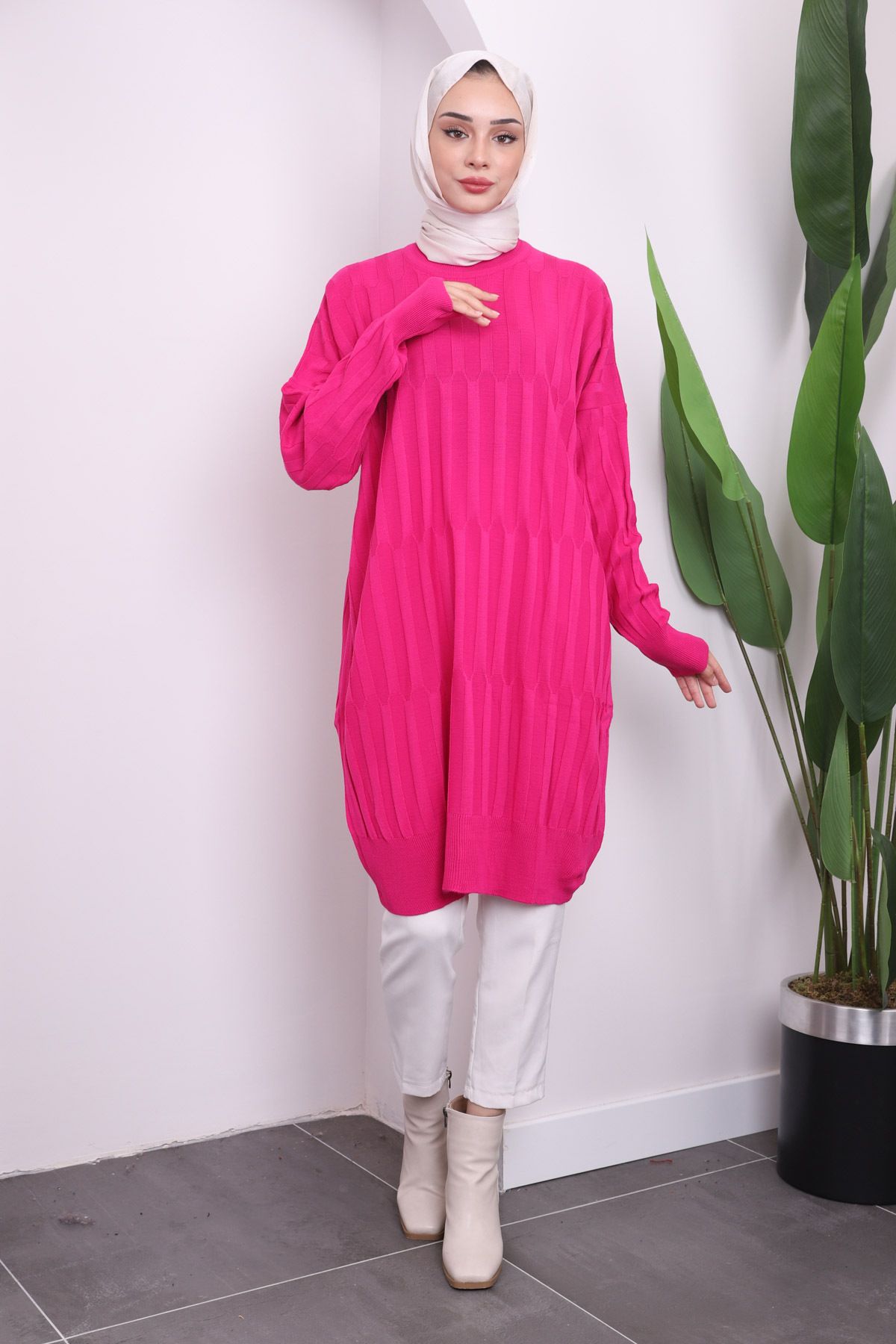 İmajButik-Fuchsia Crew Neck Mercerized Casual Knitwear Tunik 4