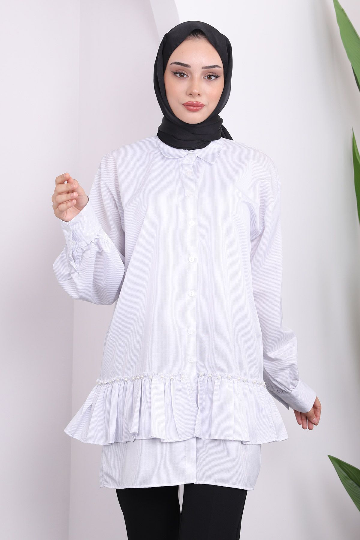 İmajButik-Light GrAy Striped PeArl DetAiled Tunic 3